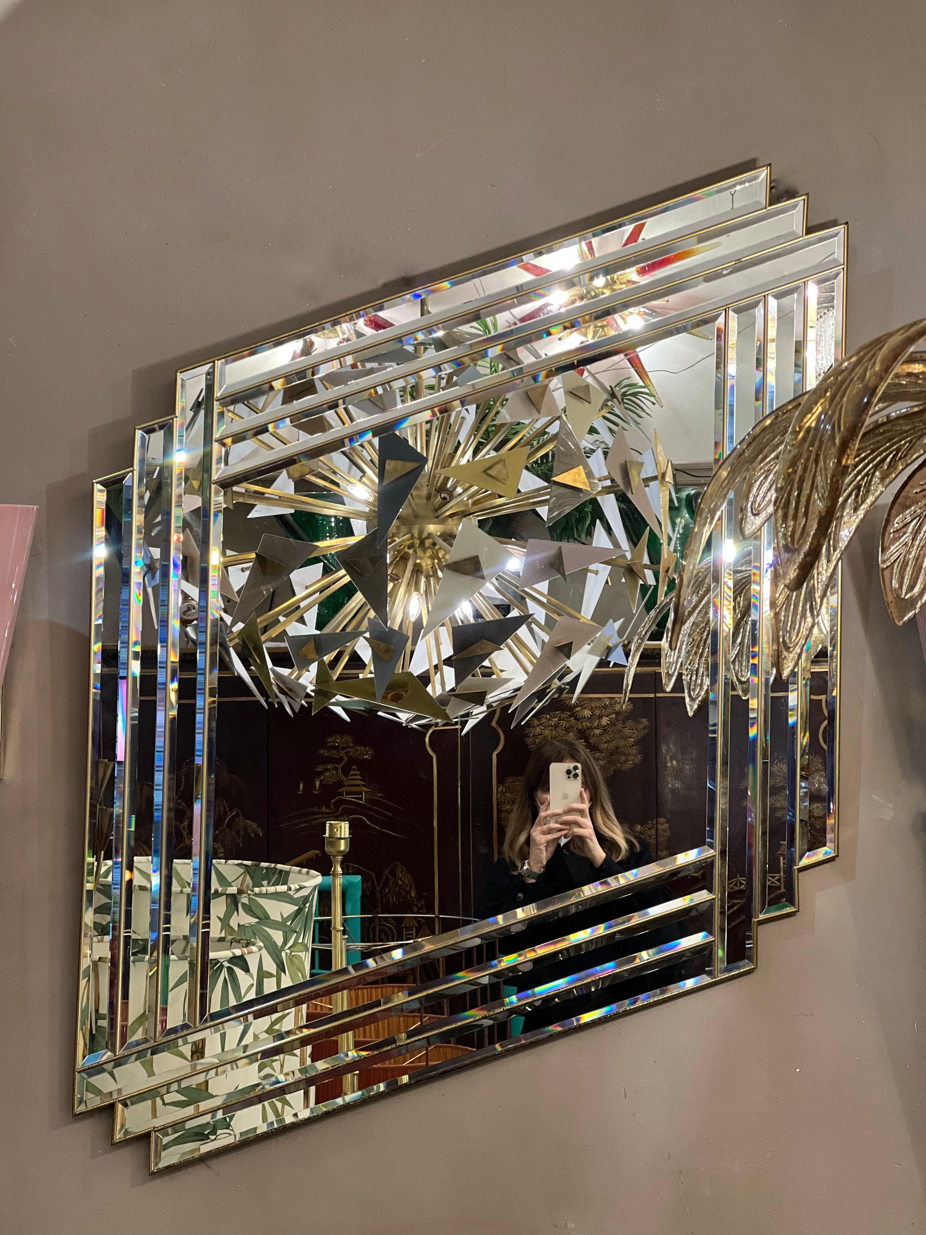 Mid-20th Century Art Deco Mirror in the Shape of a Rhombus with Brass Inlays, 1940s