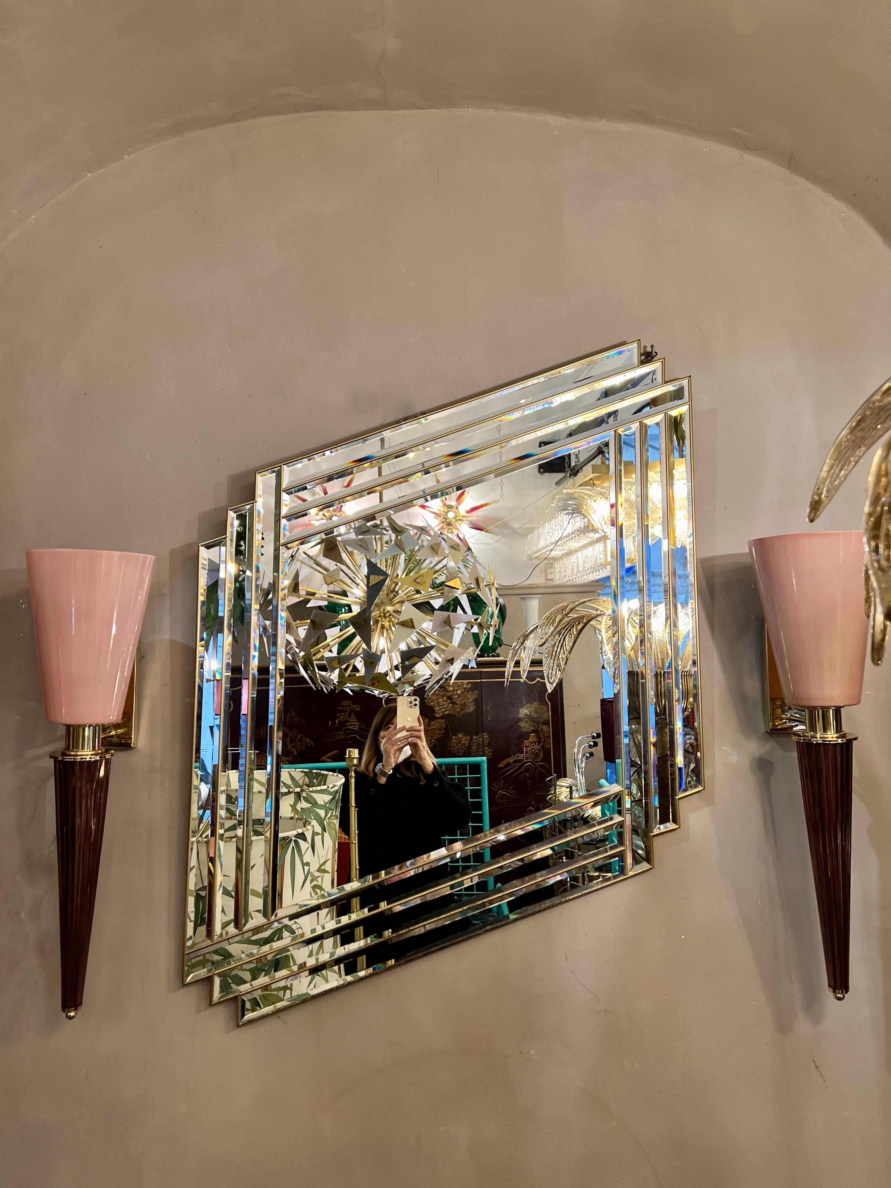 Art Deco Mirror in the Shape of a Rhombus with Brass Inlays, 1940s 1