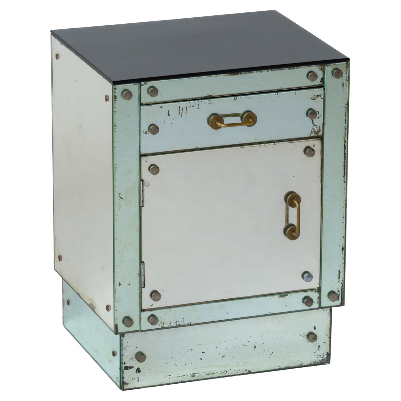 Comodino pannellato con specchio Art Deco Mirror w. Maniglie in ottone patinato - Francia anni 
30 in vendita