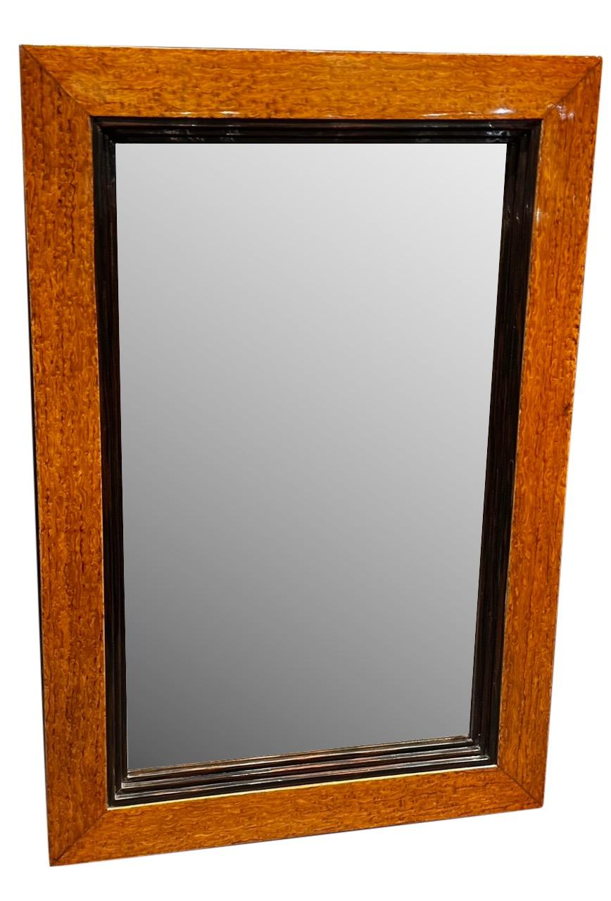 Art Deco mirror, custom two-tone woods: Macassar and Abedul. Beautiful stepped design on all edges of Macassar with a 1/2