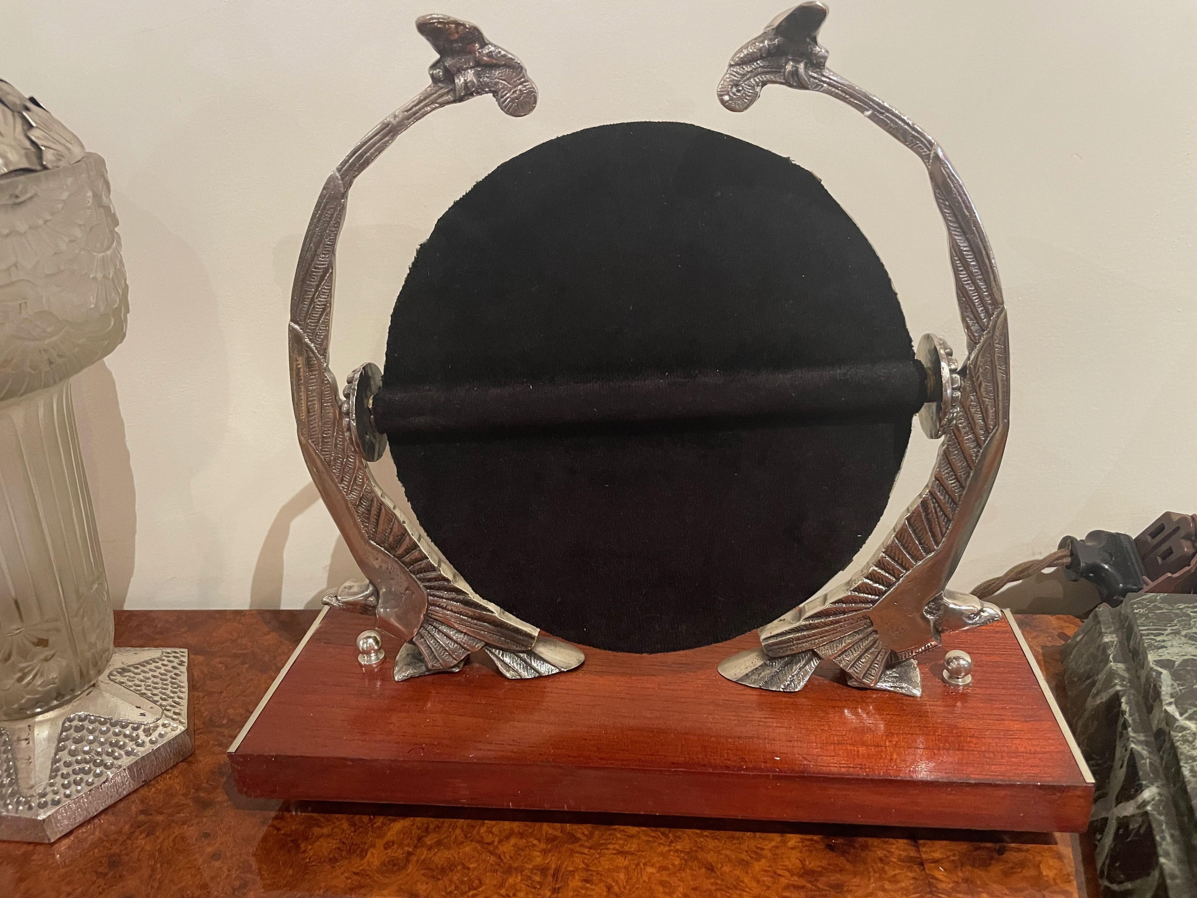 Art Deco Mirror with Eagle Sculpture Supports on Wooden Base 3