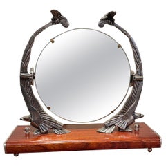 Art Deco Mirror with Eagle Sculpture Supports on Wooden Base