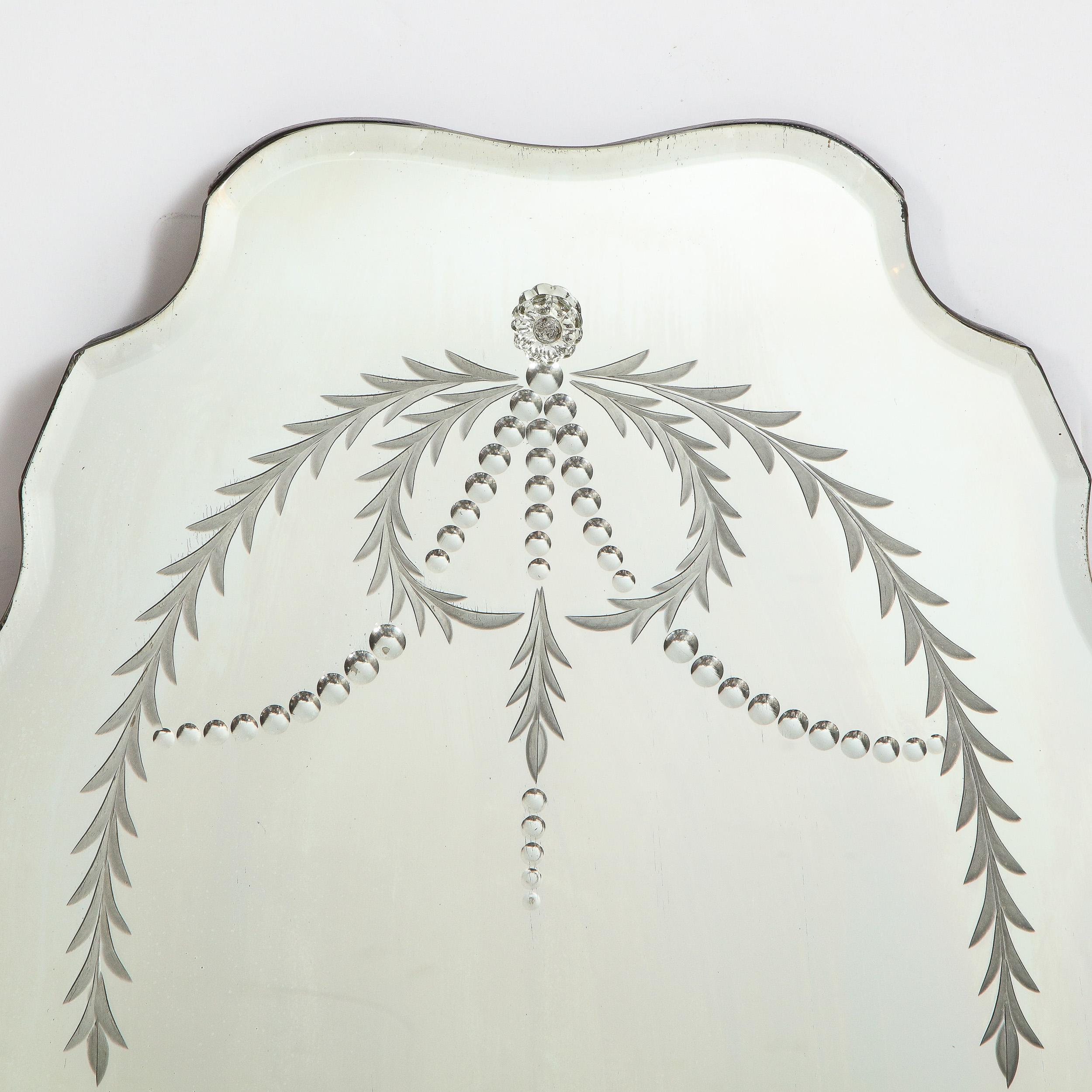 American Art Deco Mirror with Laurel Wreath Detailing, Chain Beveling & Scalloped Borders
