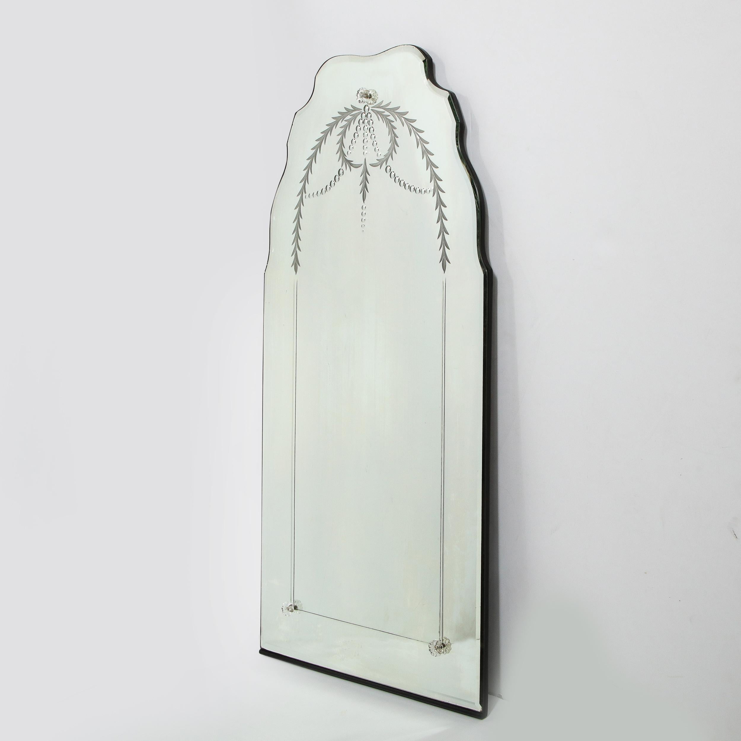 Mid-20th Century Art Deco Mirror with Laurel Wreath Detailing, Chain Beveling & Scalloped Borders
