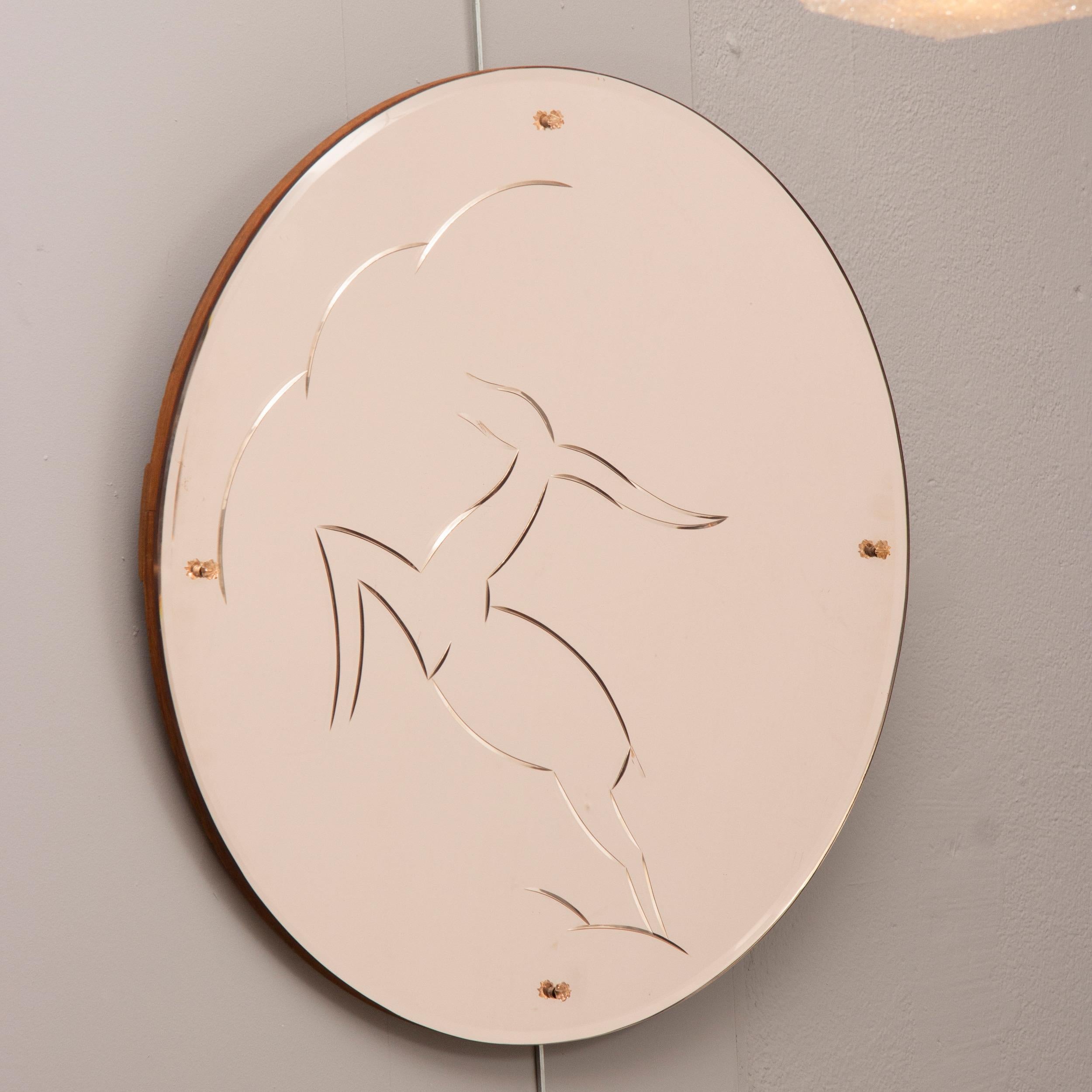 Art Deco Mirror with Leaping Gazelle Design on Peach Mirror Glass In Good Condition In London, GB