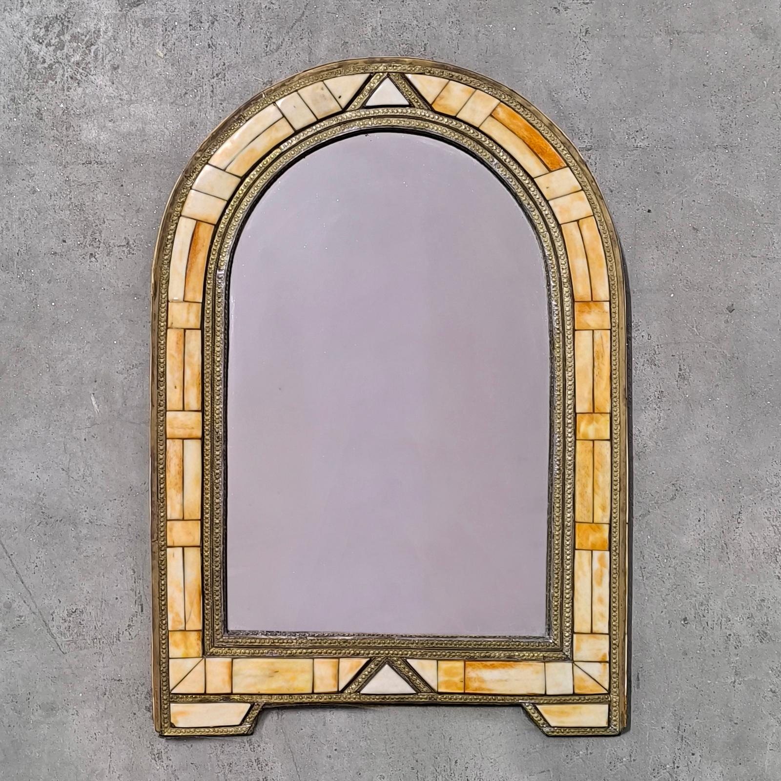 Art Deco Mirror with Mosaic Frame with Brass and Bone Inlay, Italy 1960s In Good Condition In Bochum, NRW