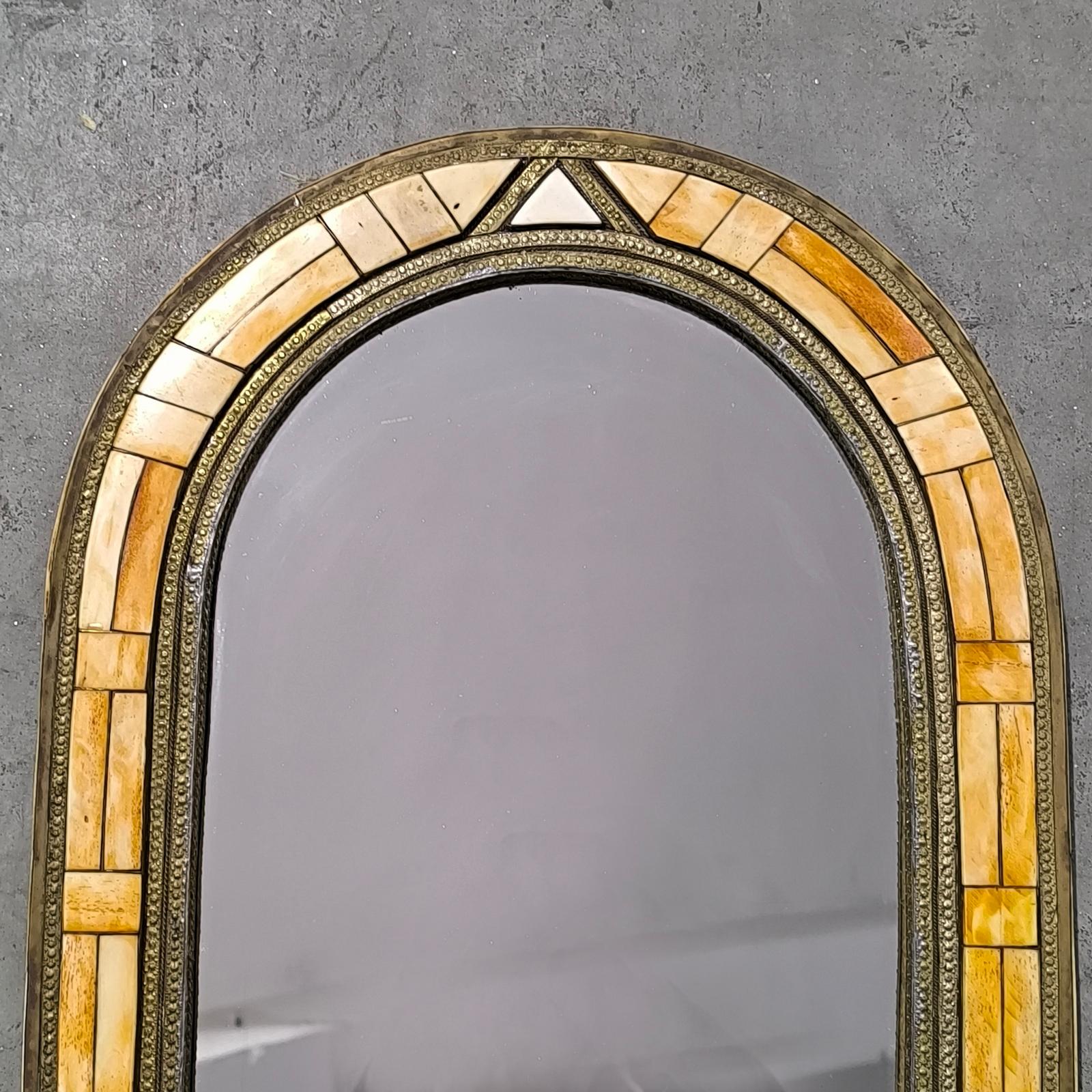Mid-20th Century Art Deco Mirror with Mosaic Frame with Brass and Bone Inlay, Italy 1960s