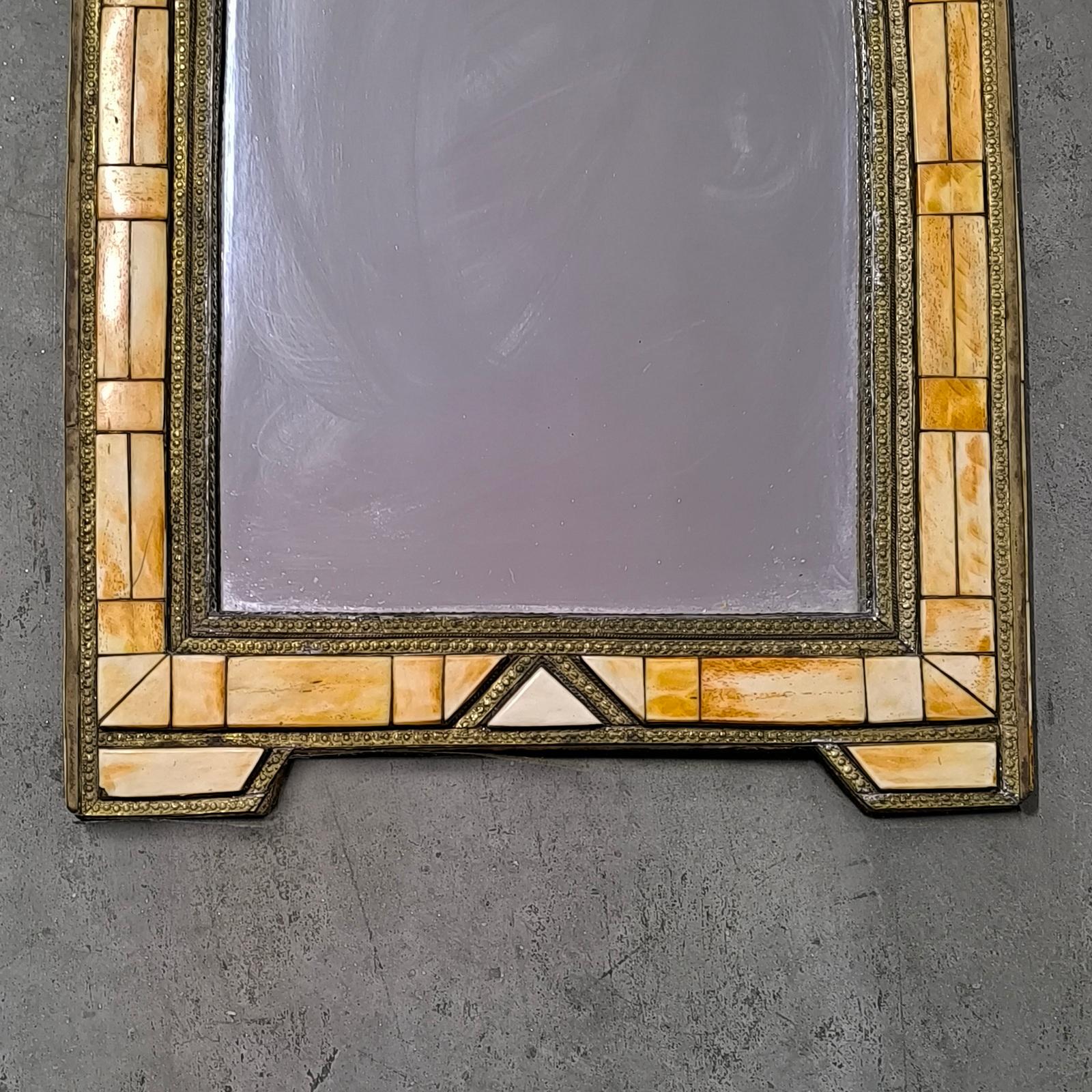 Art Deco Mirror with Mosaic Frame with Brass and Bone Inlay, Italy 1960s 1
