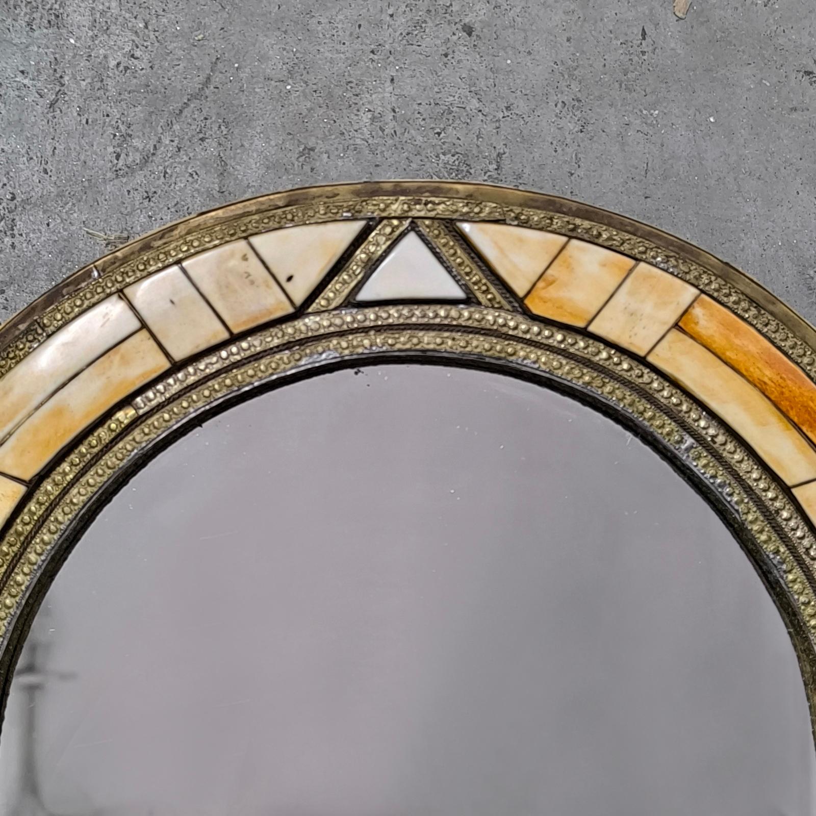 Art Deco Mirror with Mosaic Frame with Brass and Bone Inlay, Italy 1960s 2