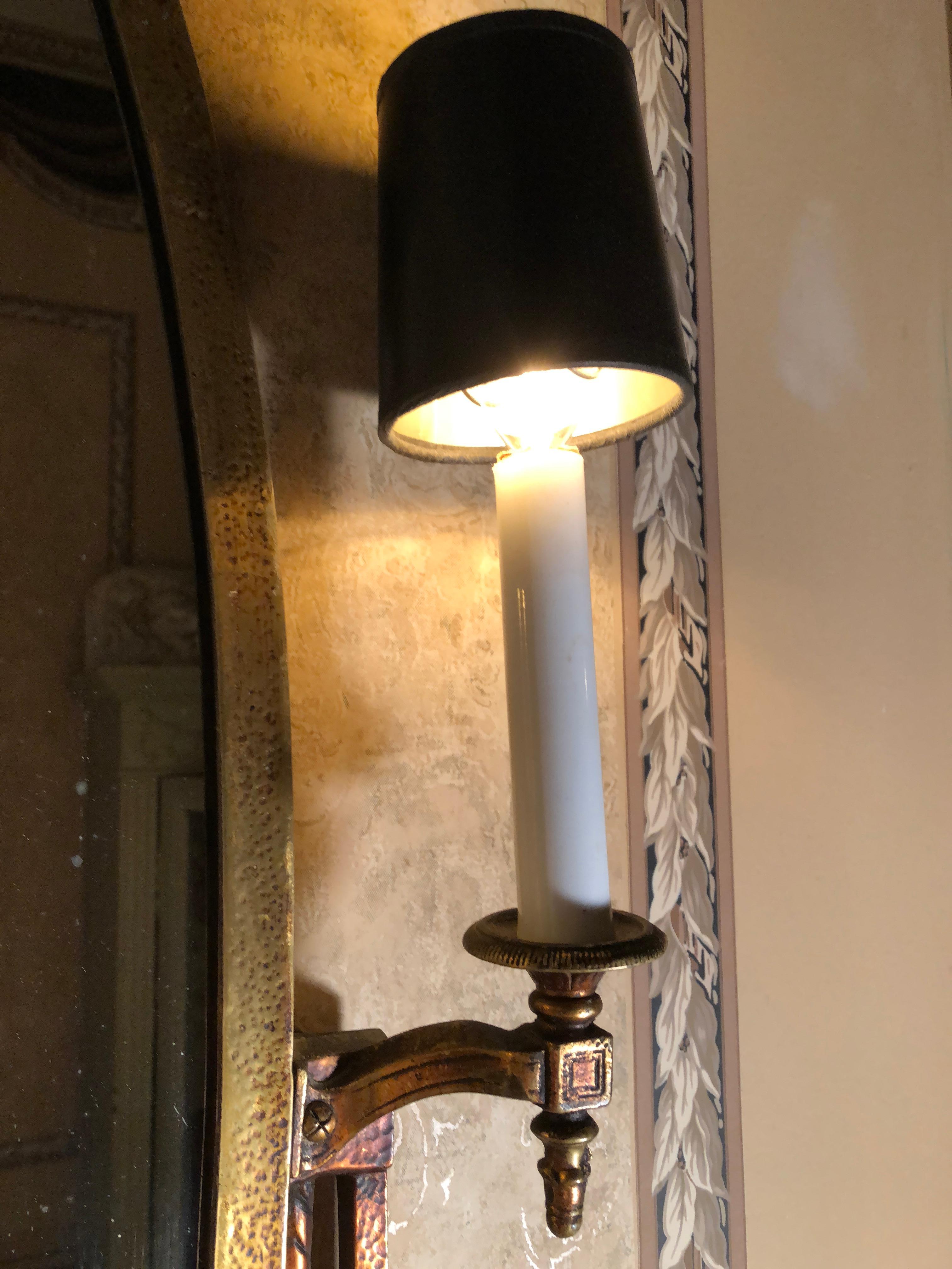 Early 20th Century Art Deco Mirror with Sconces, by Oscar Bach, Large Heavy Bronze Art Deco Mirror For Sale