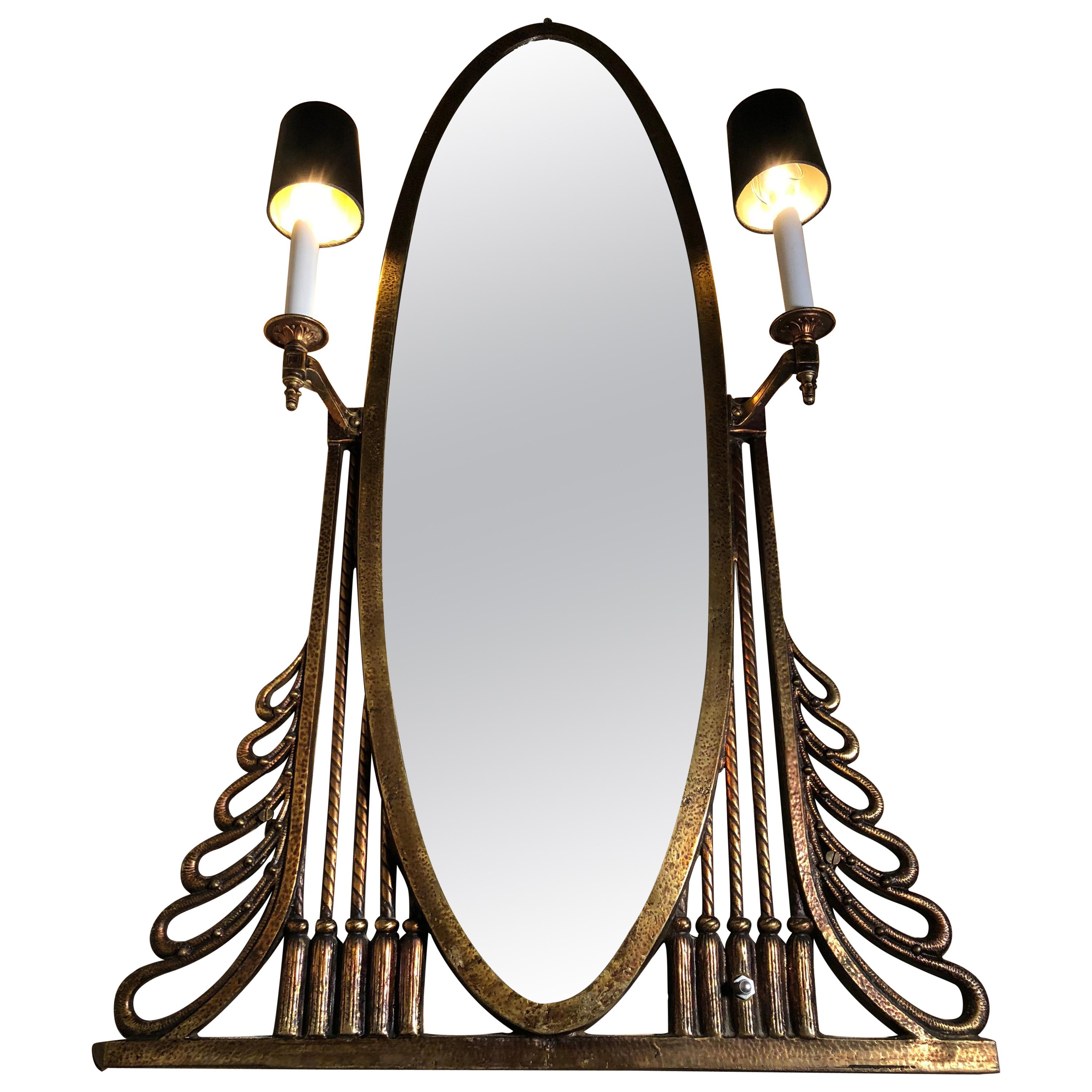 Art Deco Mirror with Sconces, by Oscar Bach, Large Heavy Bronze Art Deco Mirror For Sale