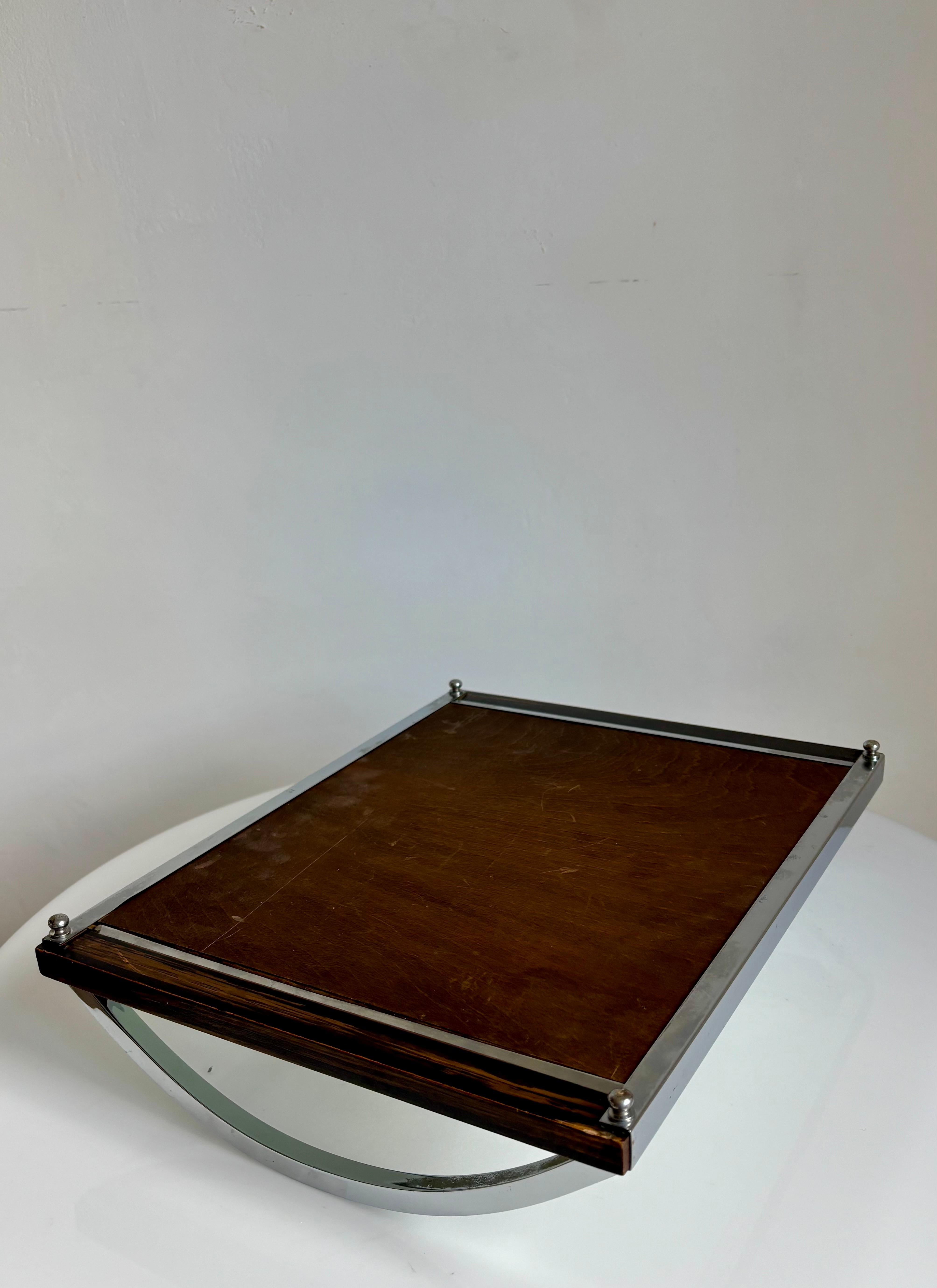 Art Deco Mirror, Wood, Chrome Serving Tray with Arched Handles en venta 3