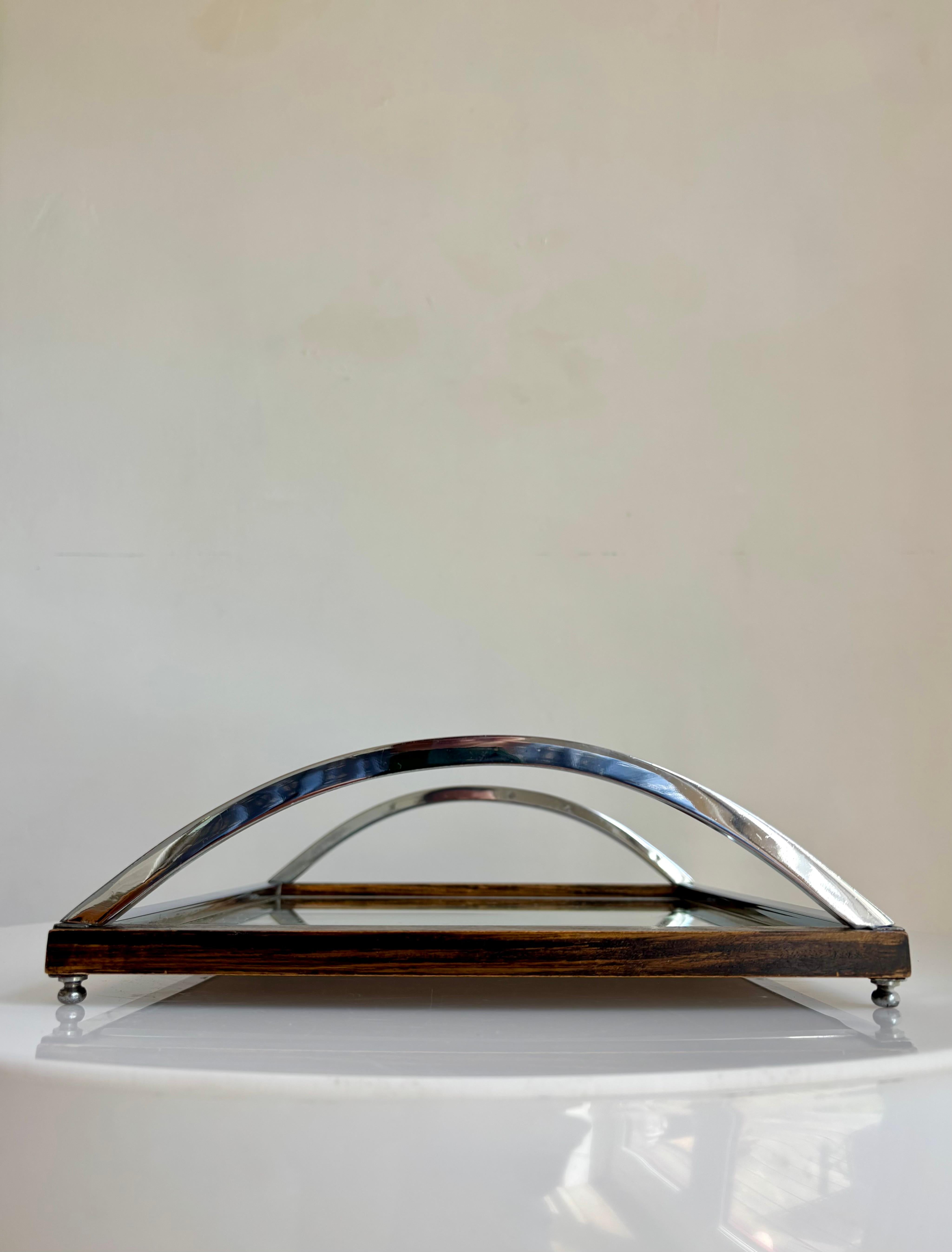 Art Deco Mirror, Wood, Chrome Serving Tray with Arched Handles en venta 6
