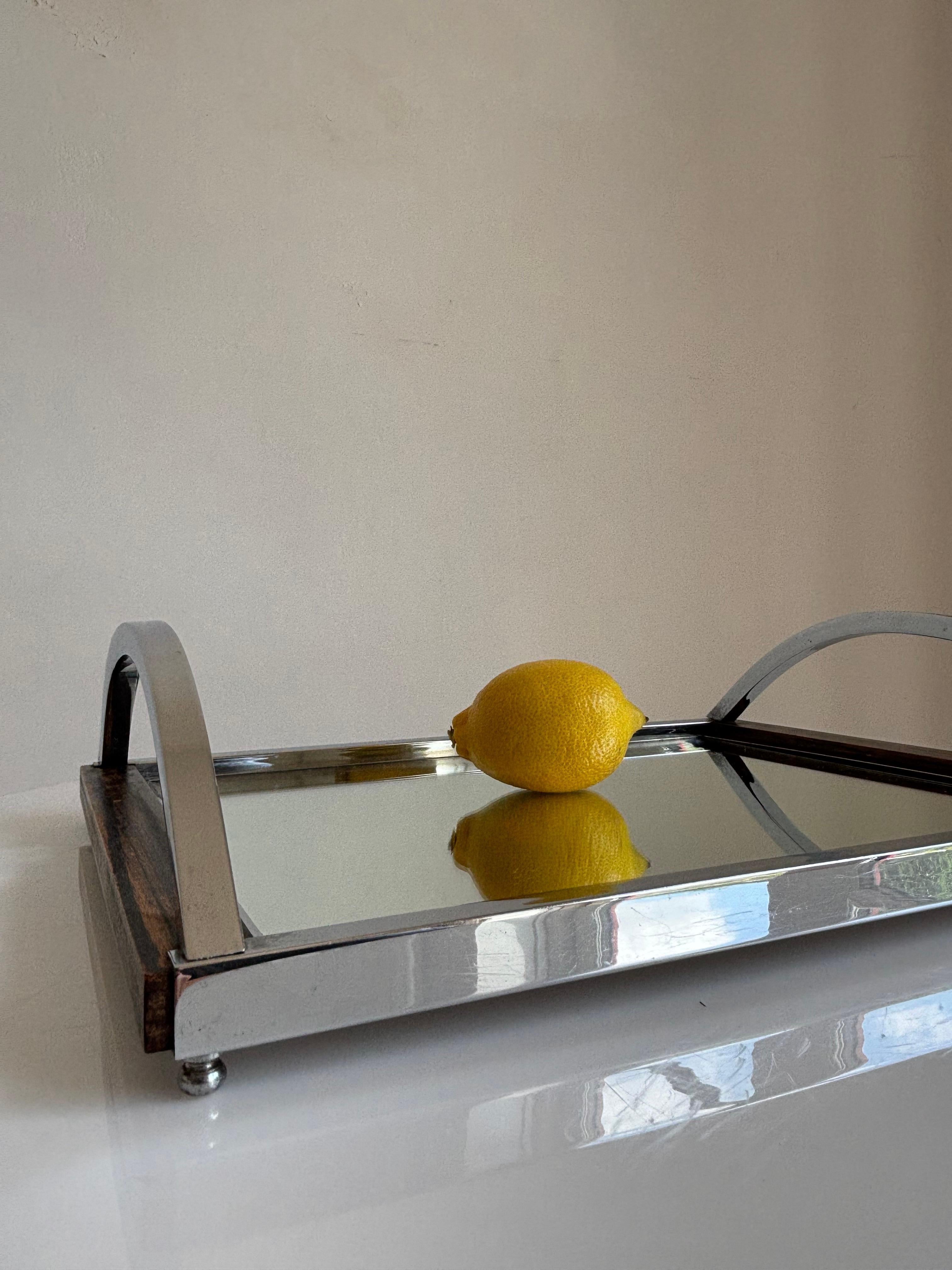 Art Deco Mirror, Wood, Chrome Serving Tray with Arched Handles Art Decó en venta