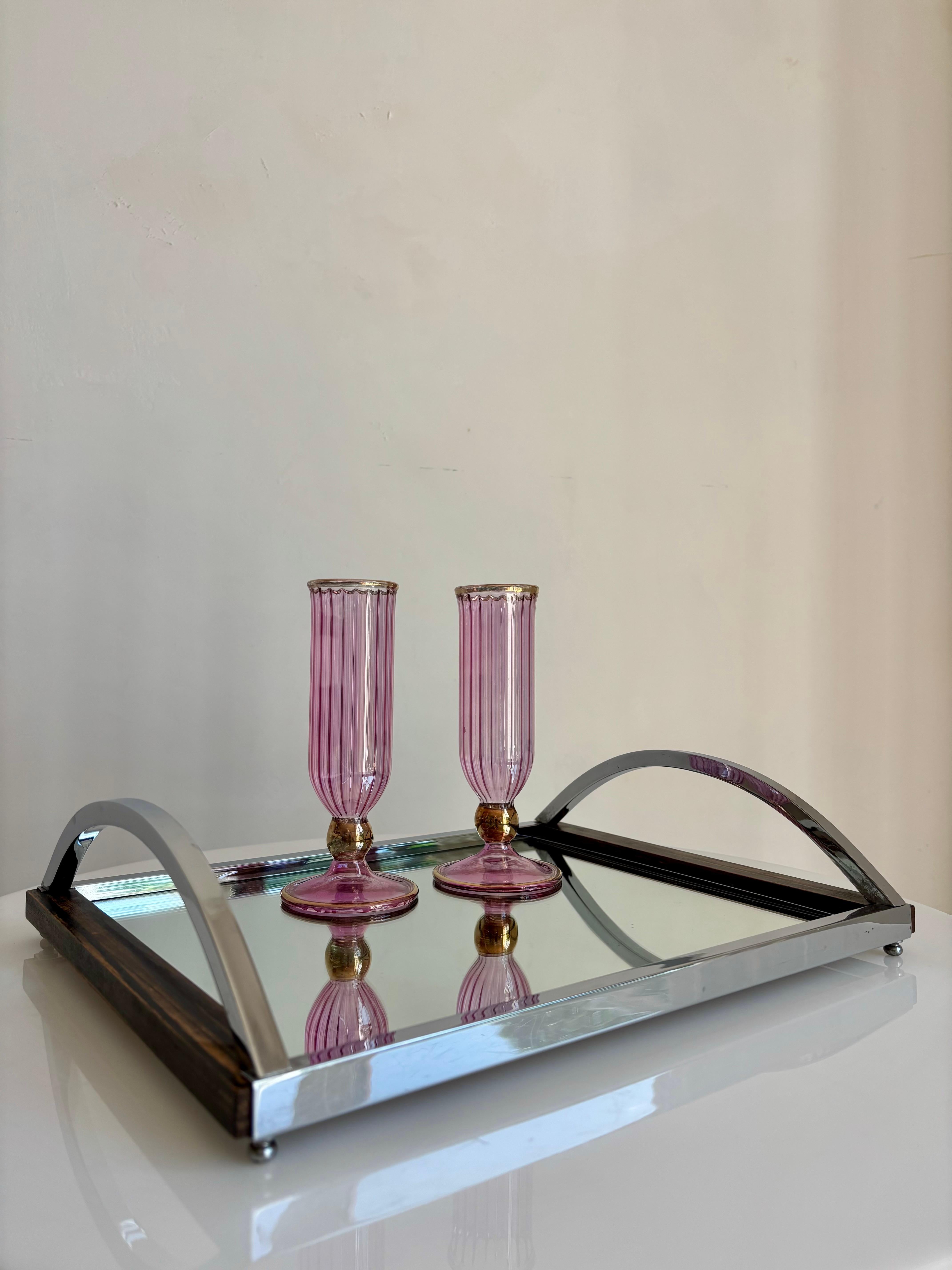 Art Deco Mirror, Wood, Chrome Serving Tray with Arched Handles en Bueno estado para la venta en Copenhagen, DK