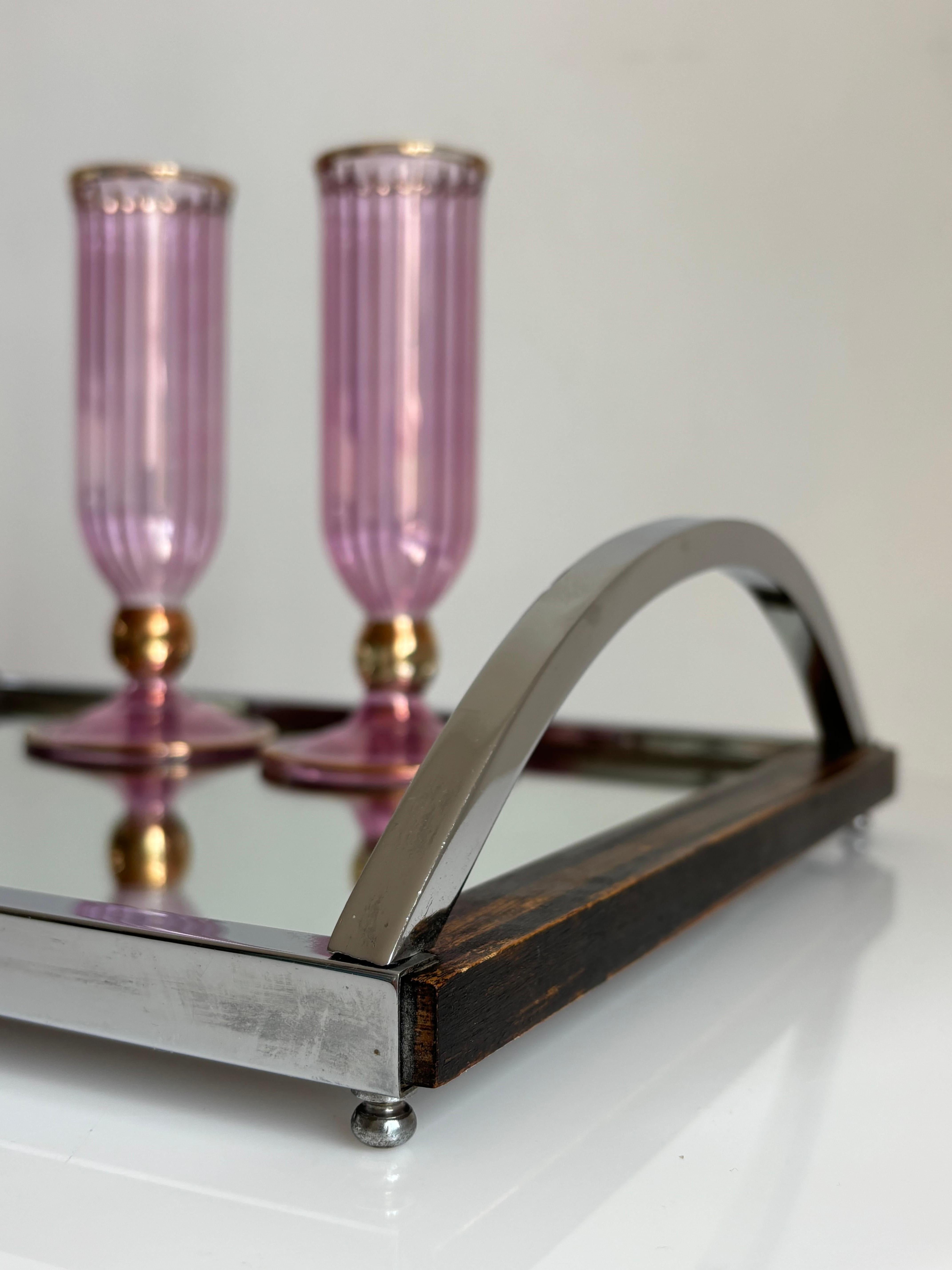 Art Deco Mirror, Wood, Chrome Serving Tray with Arched Handles siglo XX en venta