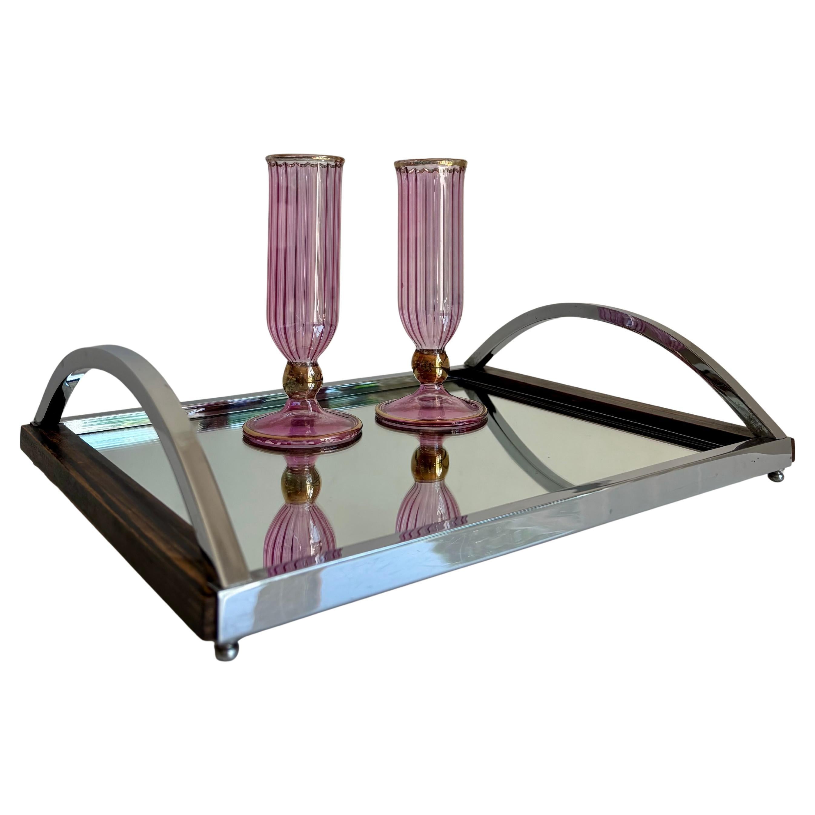 Art Deco Mirror, Wood, Chrome Serving Tray with Arched Handles en venta