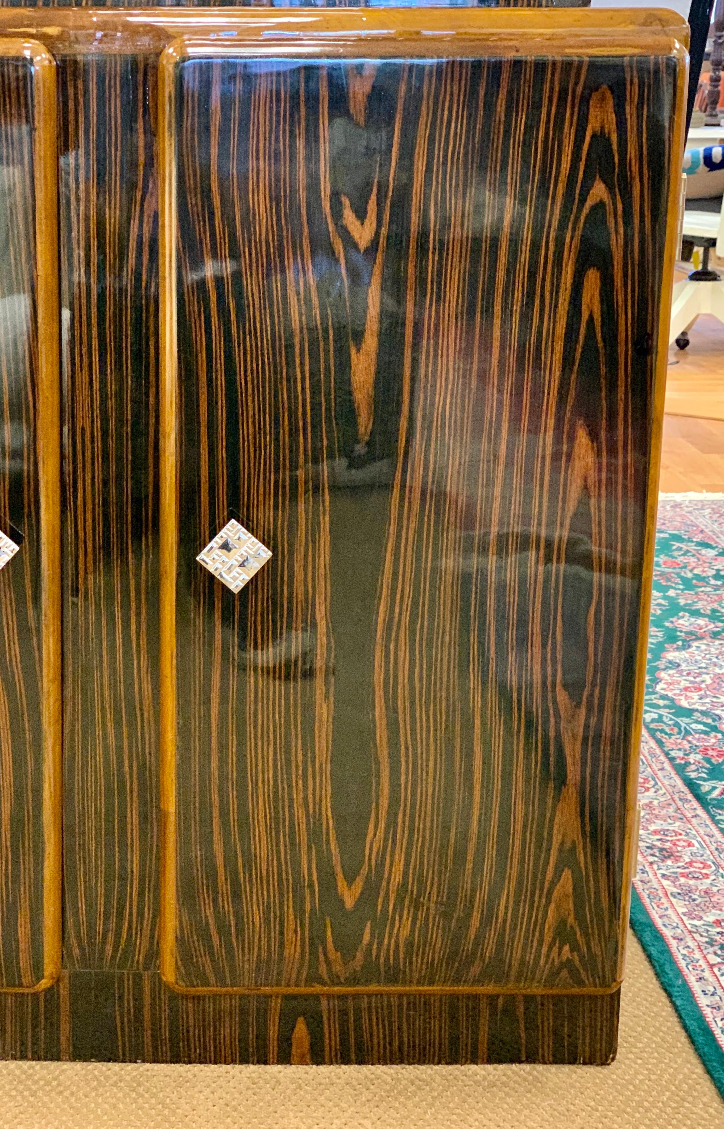 Metal Art Deco Macassar Wood Mirrored Bar Cabinet Credenza Top and Bottom
