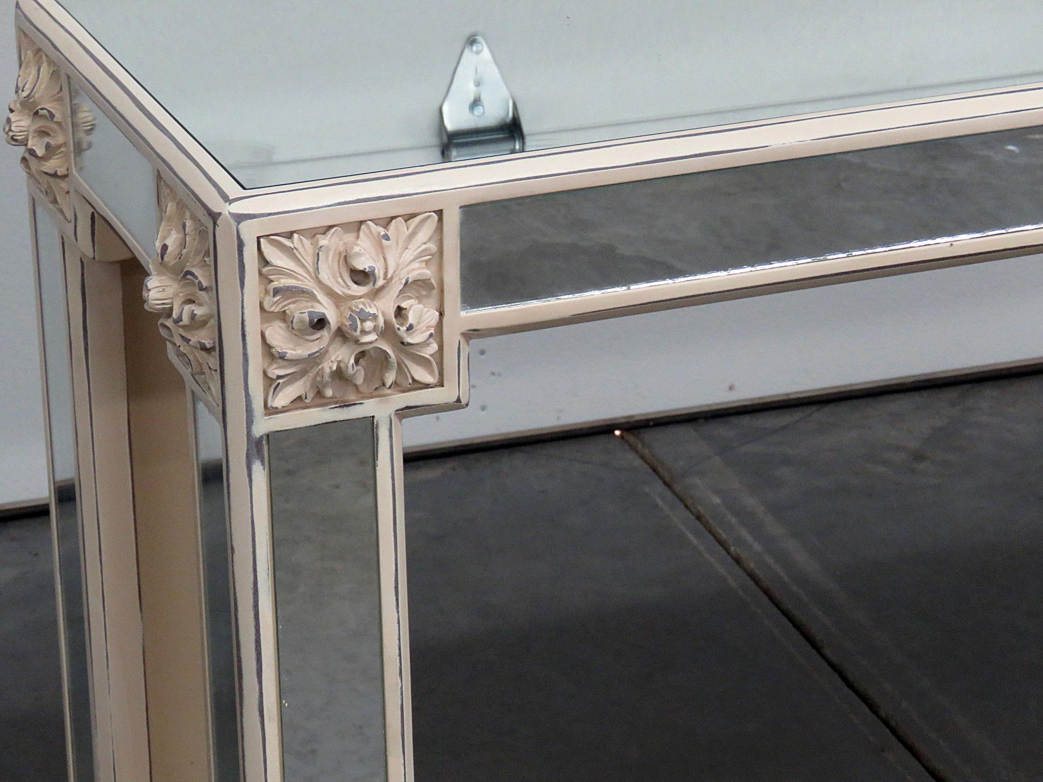 Classic Hollywood regency distressed painted mirrored console table.