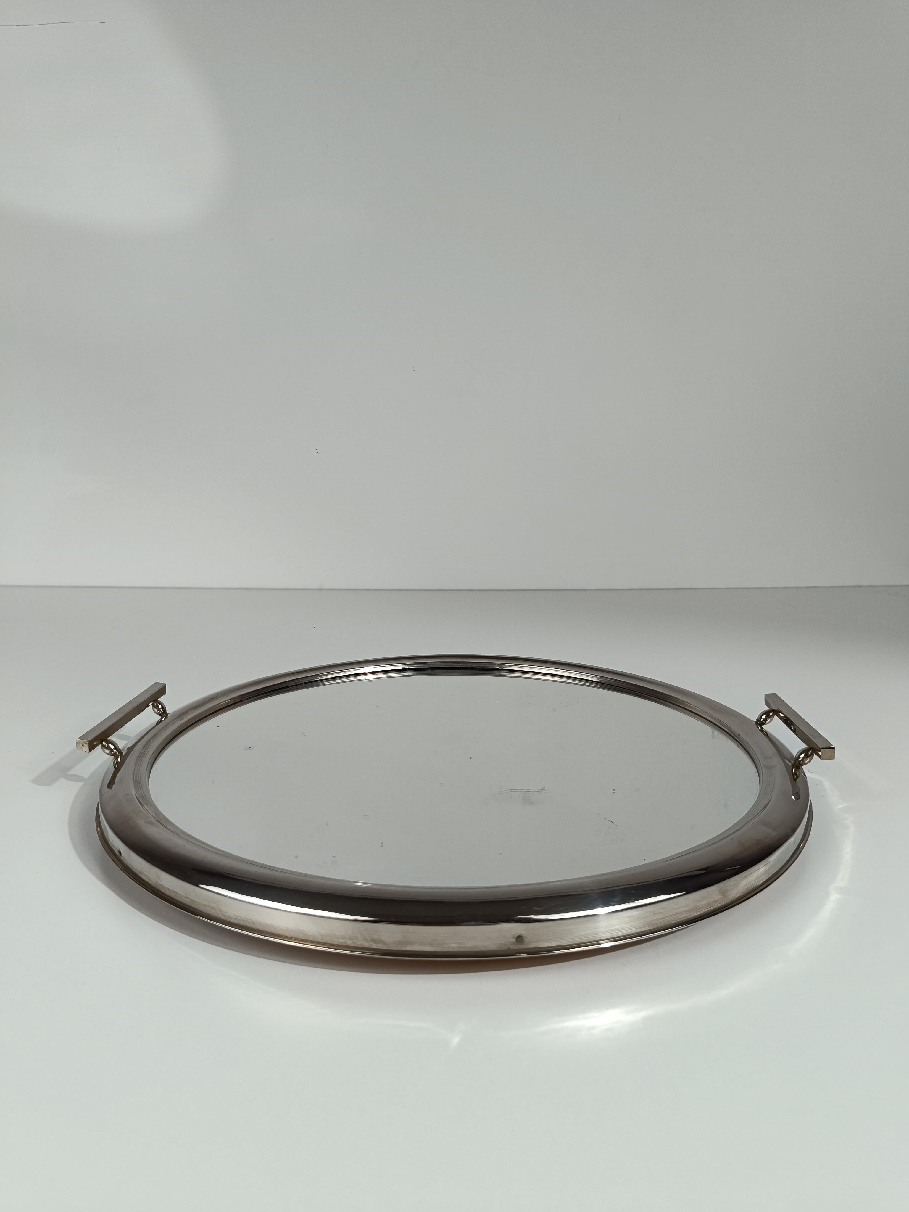 Art Deco Mirrored Round Tray in Chromed Metal, Italy 1930 For Sale 2