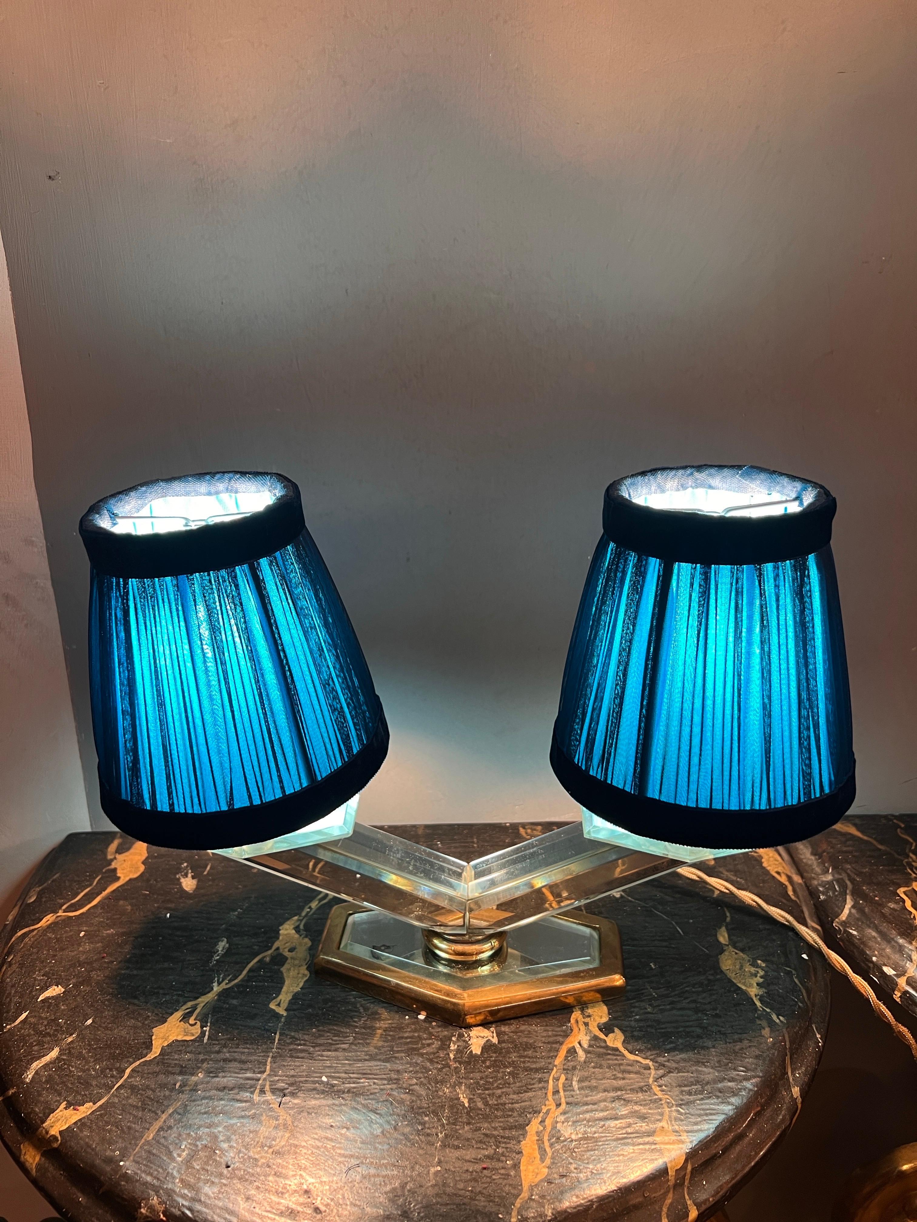 Art Deco Mirrored Table Lamp with two Ligths and Hancrafted Lampshades 1930 For Sale 4