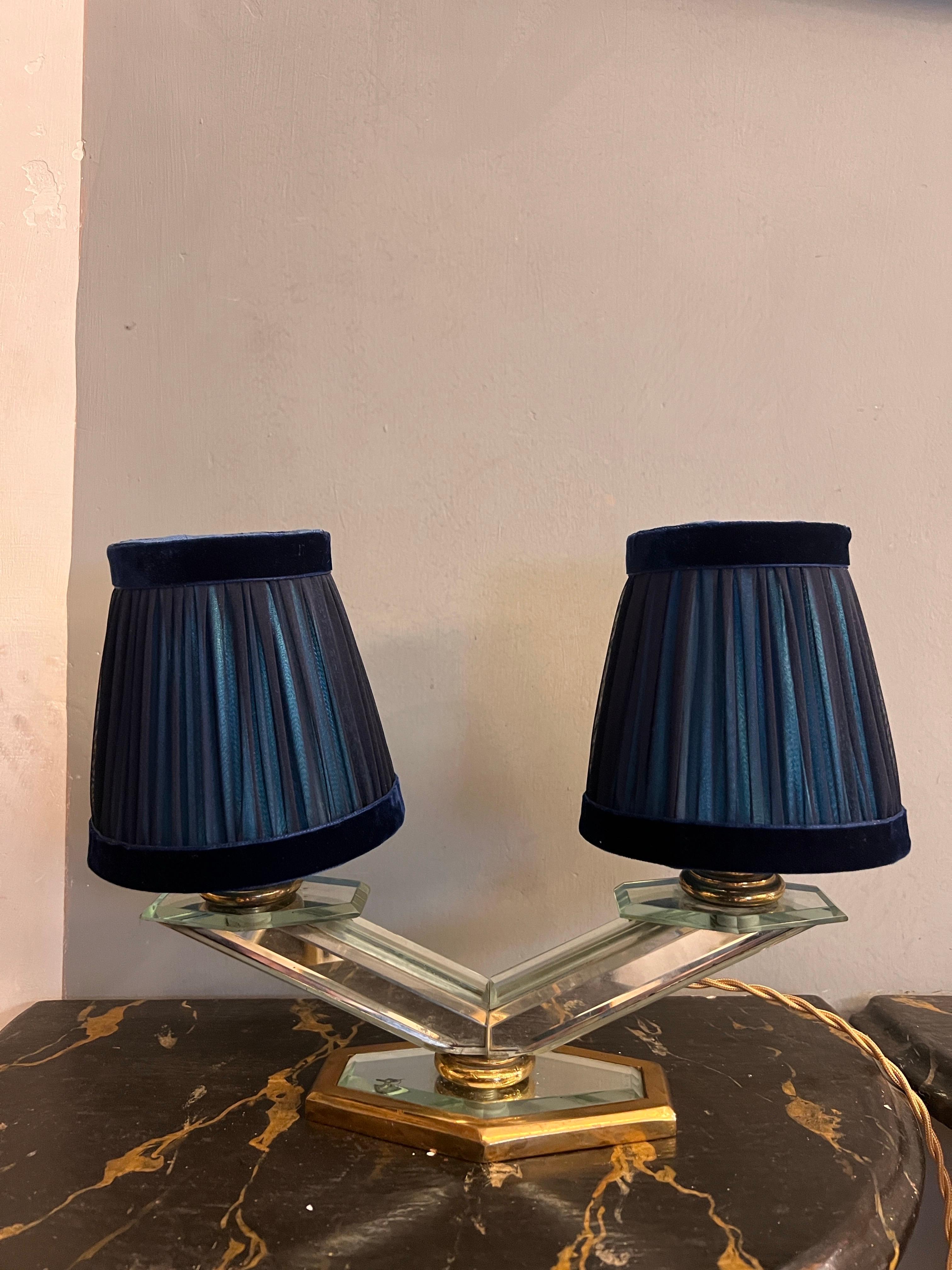 Art Deco Mirrored Table Lamp with two Ligths and Hancrafted Lampshades 1930 For Sale 9