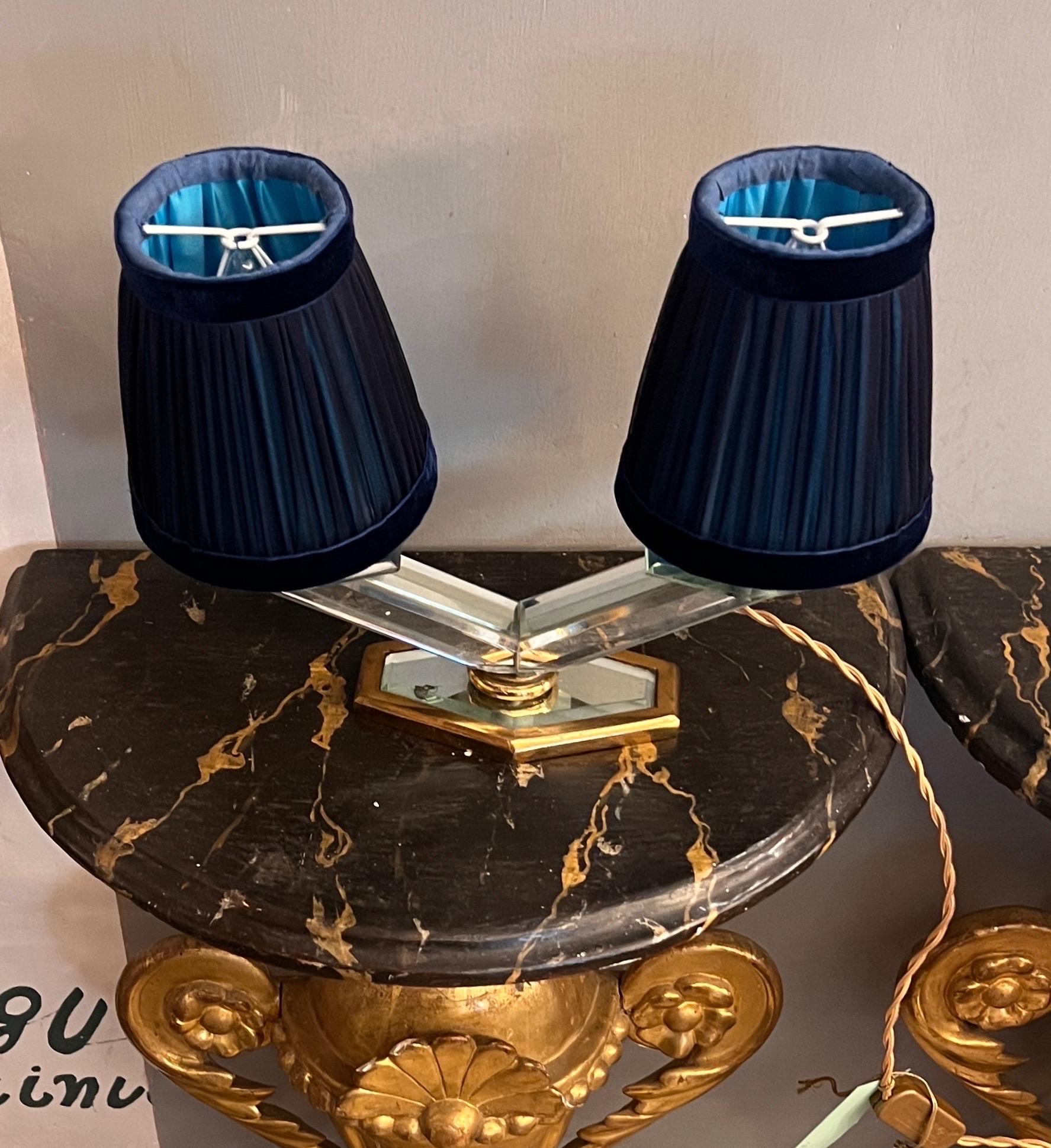 Art Deco Mirrored Table Lamp with two Ligths and Hancrafted Lampshades 1930 For Sale 12