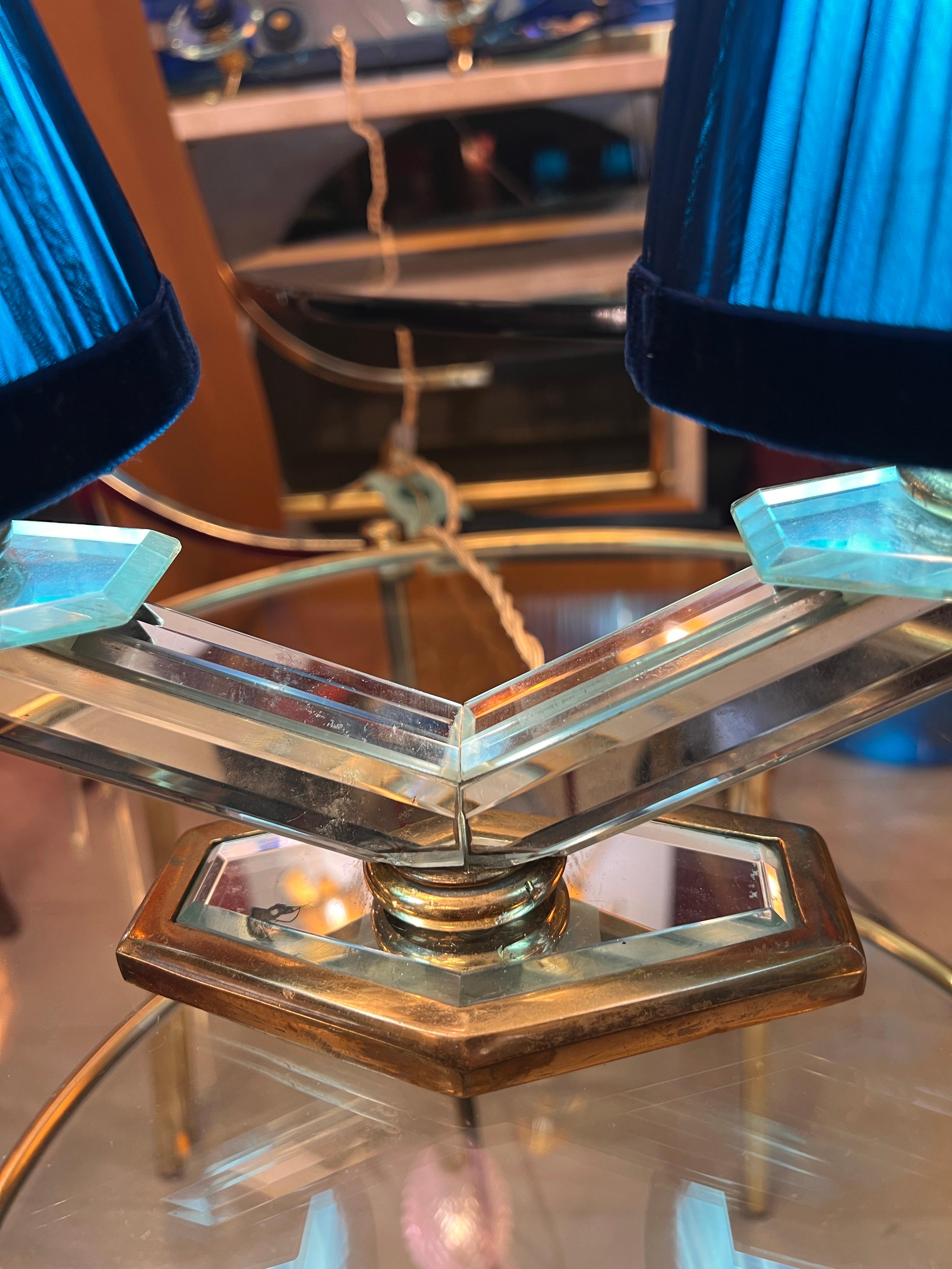Art Deco Mirrored Table Lamp with two Ligths and Hancrafted Lampshades 1930 For Sale 15