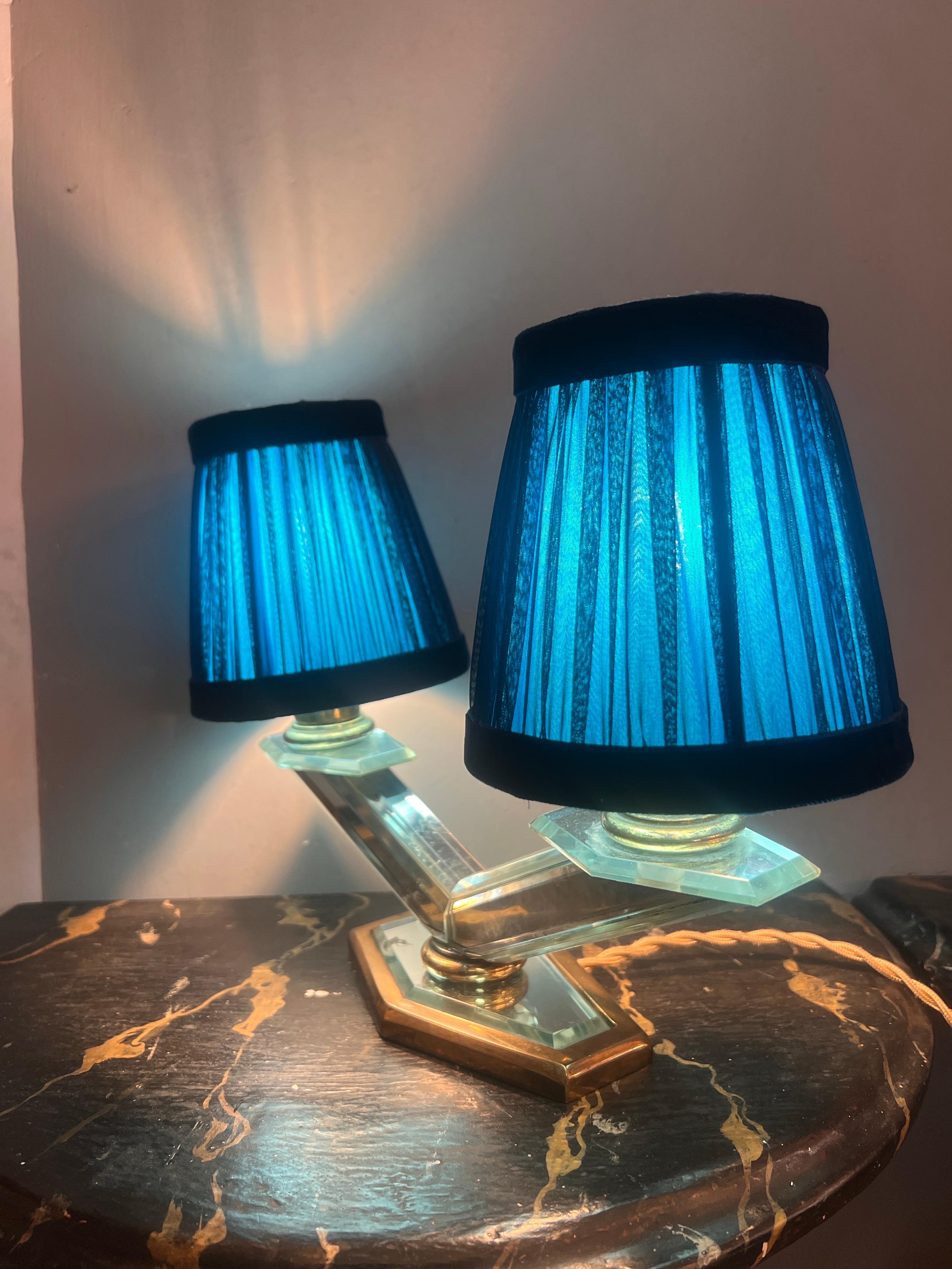 Italian Art Deco Mirrored Table Lamp with two Ligths and Hancrafted Lampshades 1930 For Sale