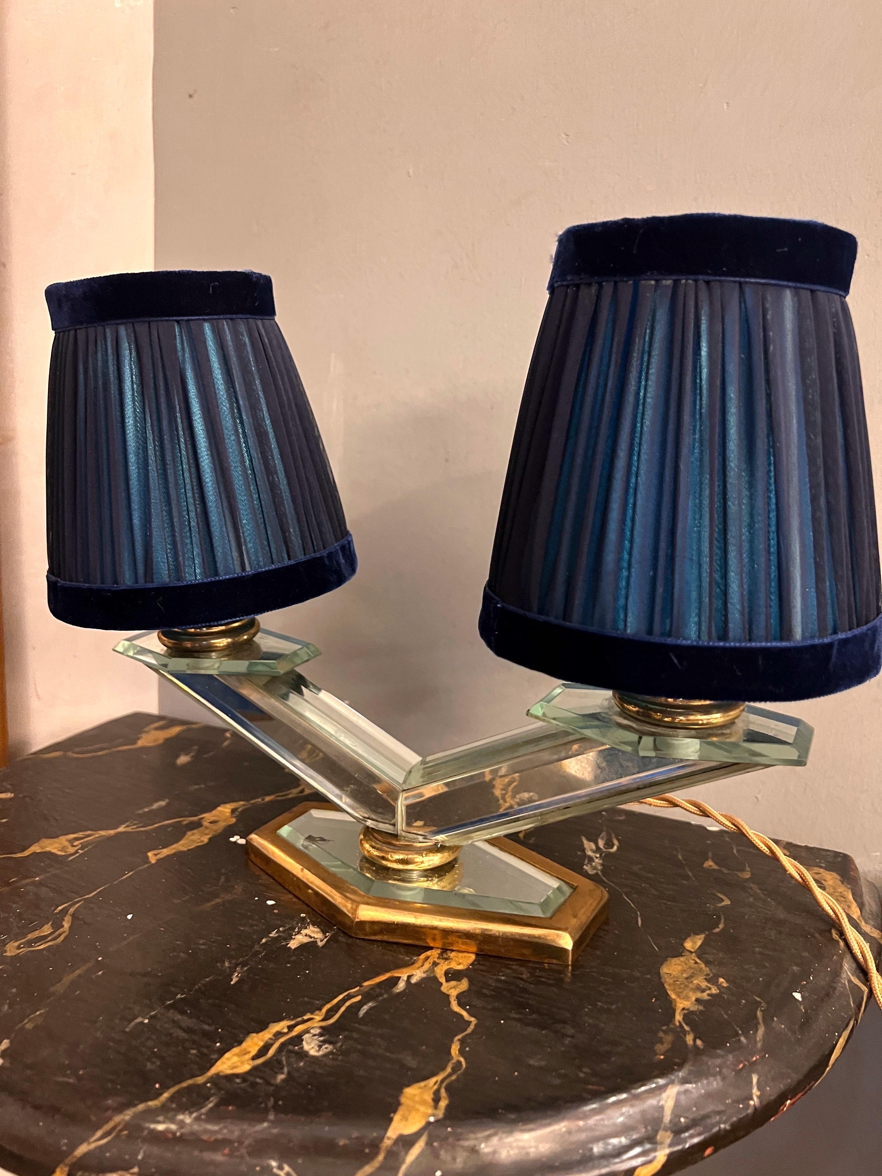 Art Deco Mirrored Table Lamp with two Ligths and Hancrafted Lampshades 1930 For Sale 3