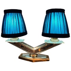 Art Deco Mirrored Table Lamp with two Ligths and Hancrafted Lampshades 1930