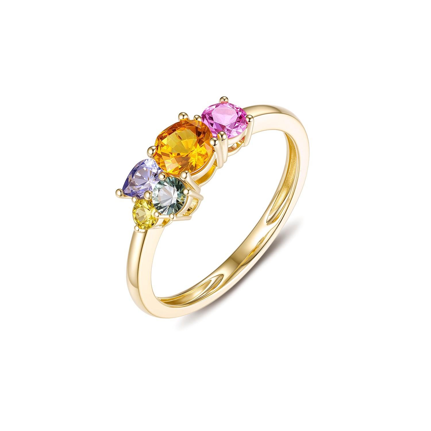 Symphonie de couleurs et de savoir-faire, cette bague vibrante est un joyeux hommage à l'individualité.  Avec une sélection de saphirs fantaisie totalisant 1,20 carats, chaque pierre offre un charme unique - jaune chaud, orange vif, lavande douce,