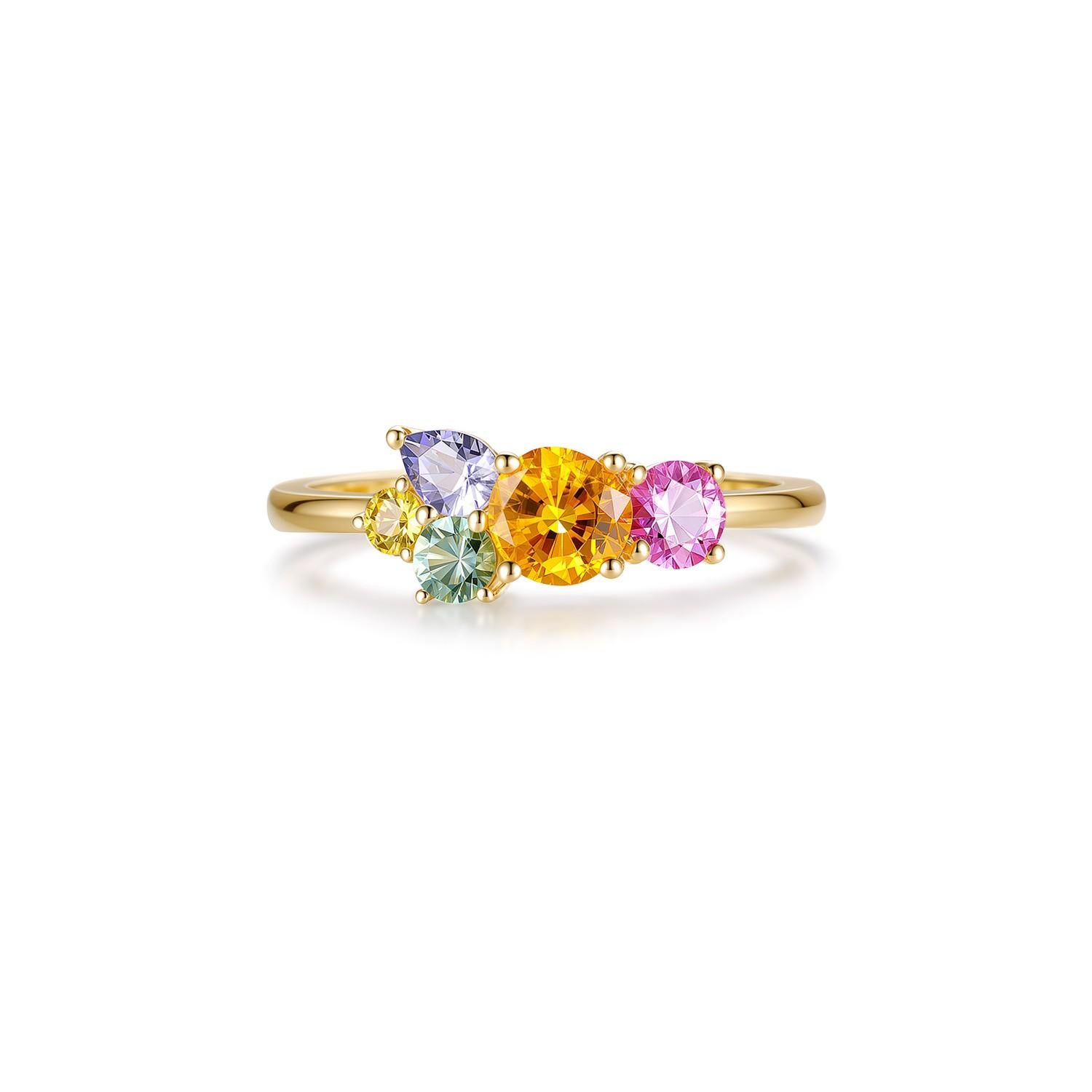 Taille ronde Bague Art déco en or jaune 14 carats avec saphir fantaisie de 1,2 carat de taille mixte en vente