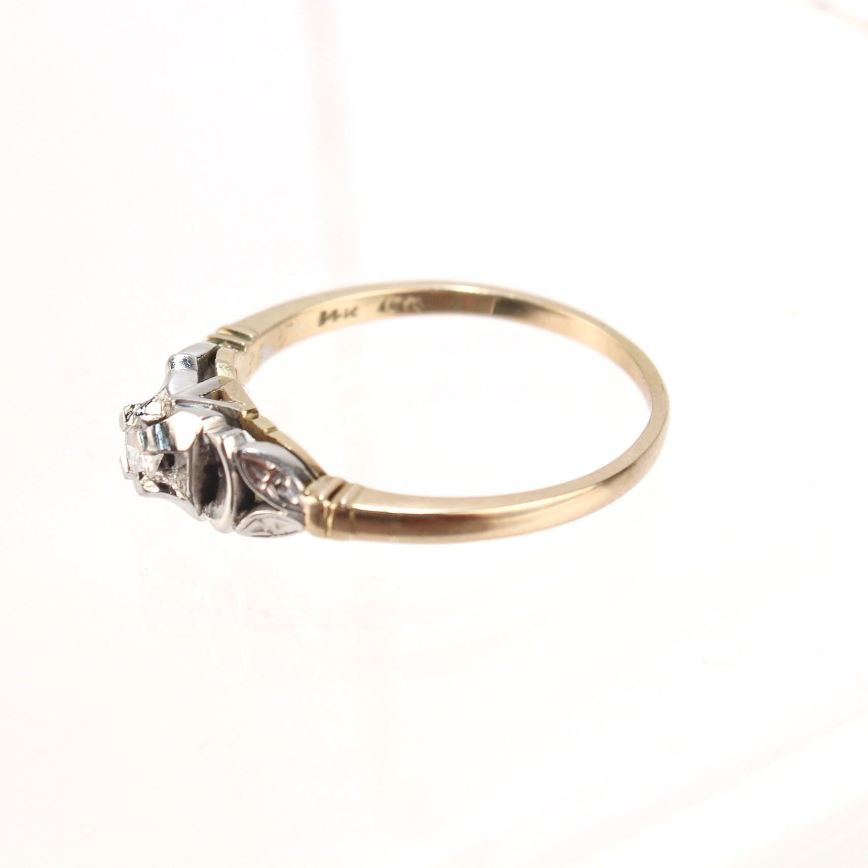 Art Deco Mixed Metals 14 and 18 Karat Gold and Diamond Engagement Ring For Sale 1
