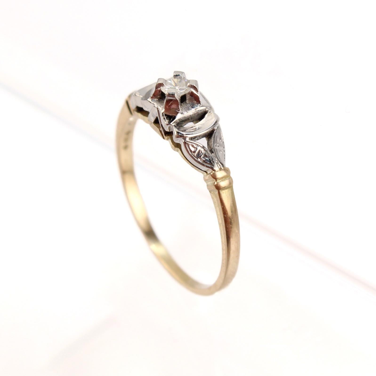 Art Deco Mixed Metals 14 and 18 Karat Gold and Diamond Engagement Ring For Sale 2
