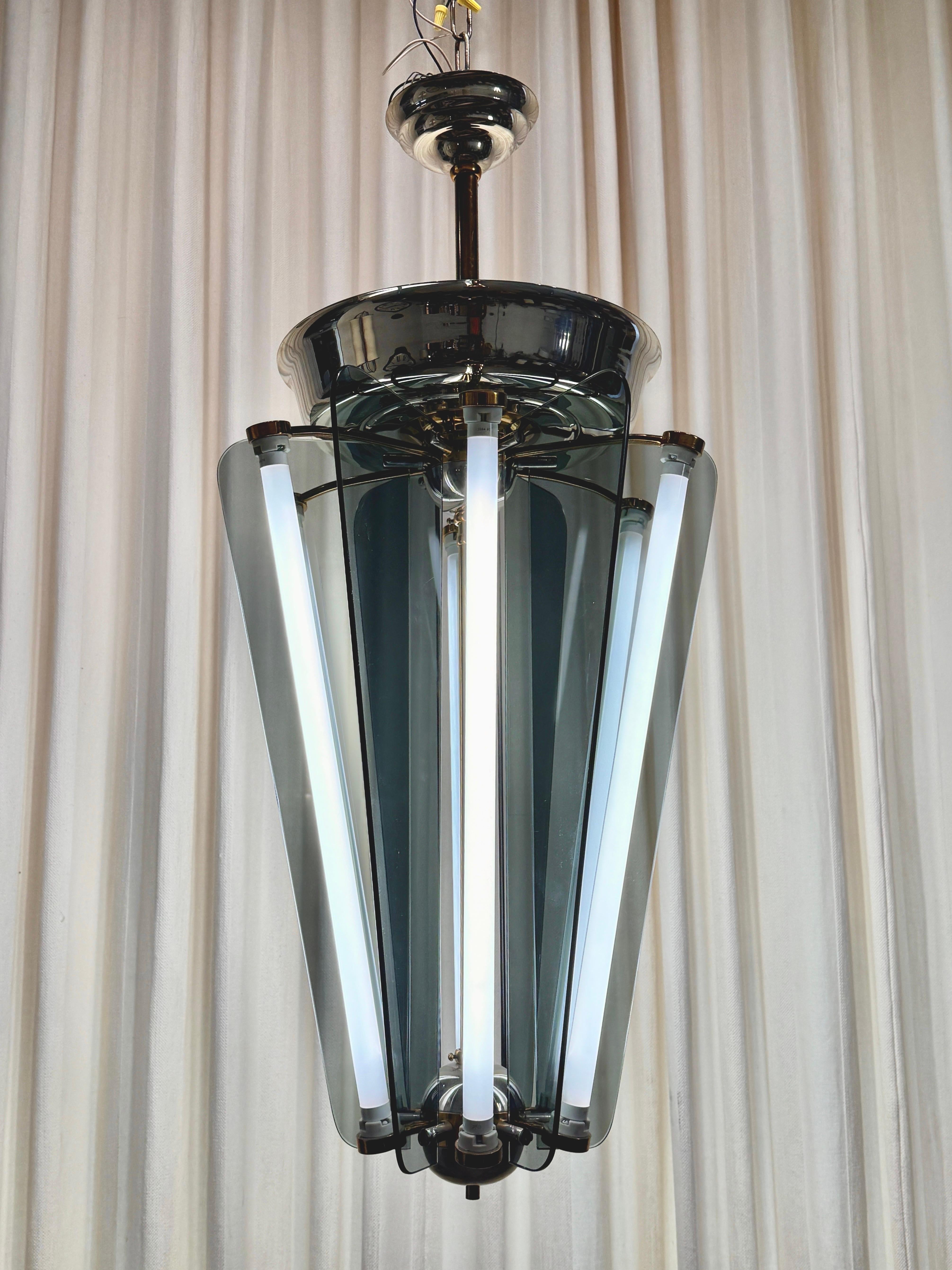 Lanterna in stile Art Deco in metallo misto e vetro fumé - DUE DISPONIBILI in vendita 2