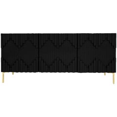Art Deco Modern Black Three-Door Credenza with Geometric Detail & Brass Legs
