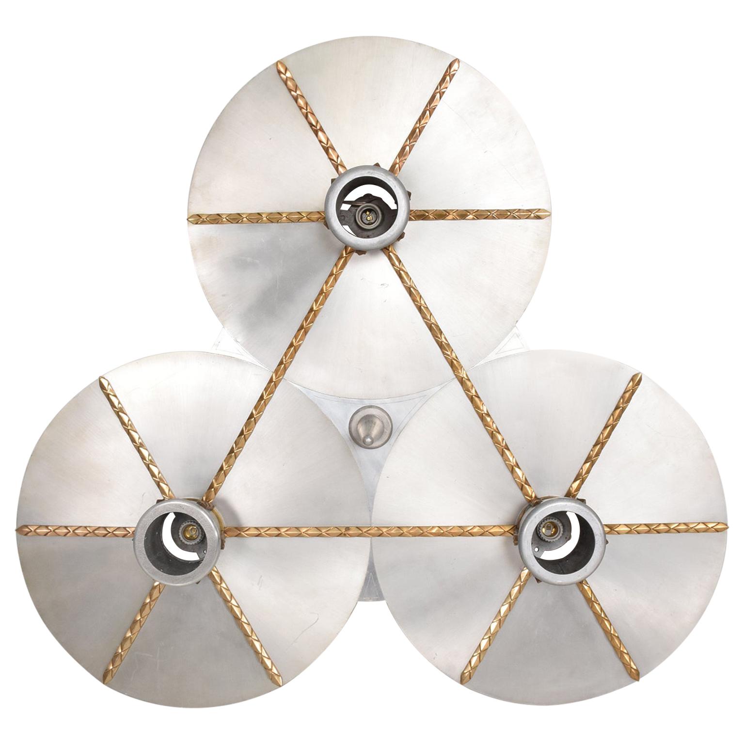 spectacular Mexican Art Deco Chandelier 1960s
round three-light Trinity Circular Cluster Ceiling lamp
Light fixture Plafonnier
aluminum with bronze accents
Fixture requires six screws (not included) for mounting
50 in diameter x 11 in