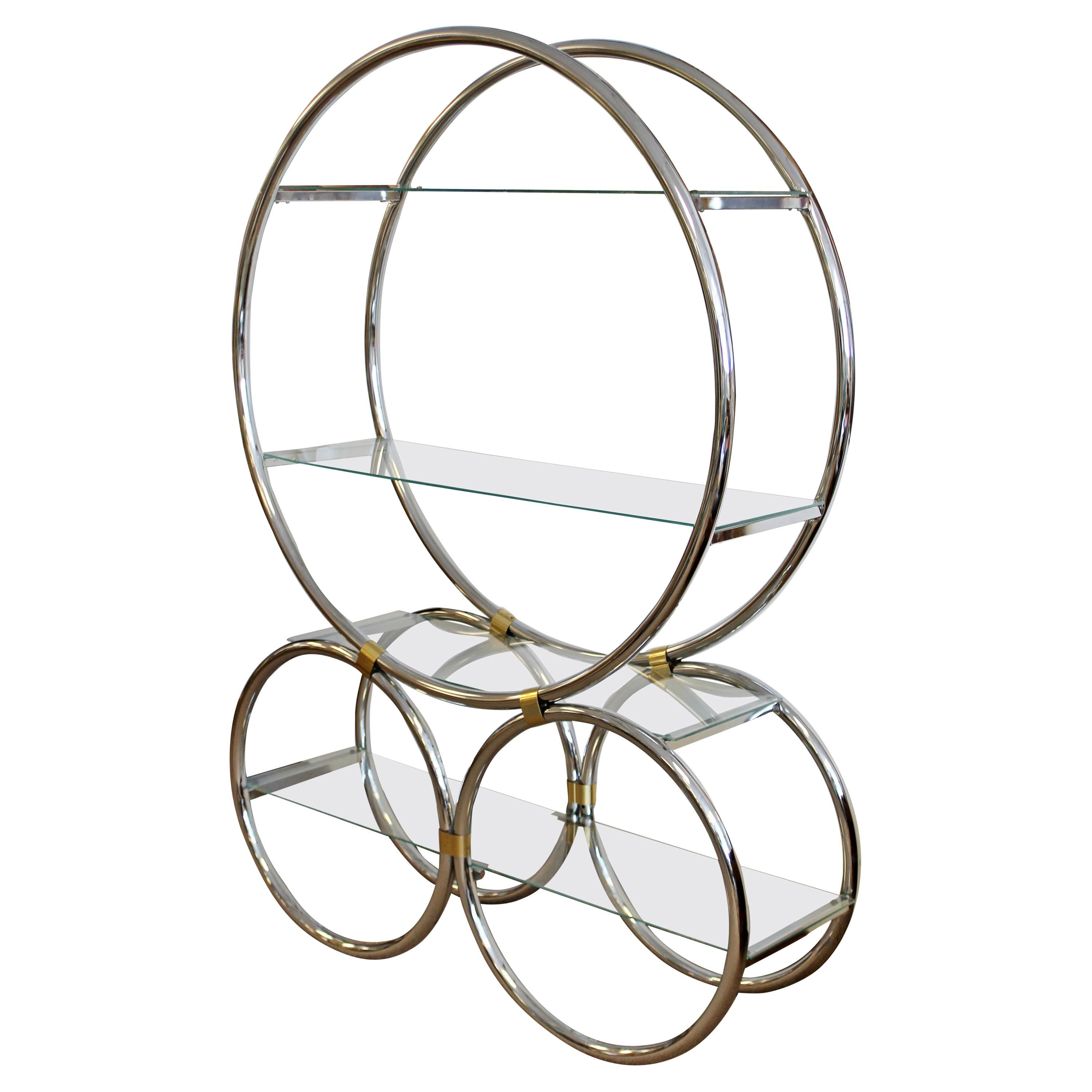 Art Deco Modern Chrome Glass and Brass Circular Shelving Unit Étagère