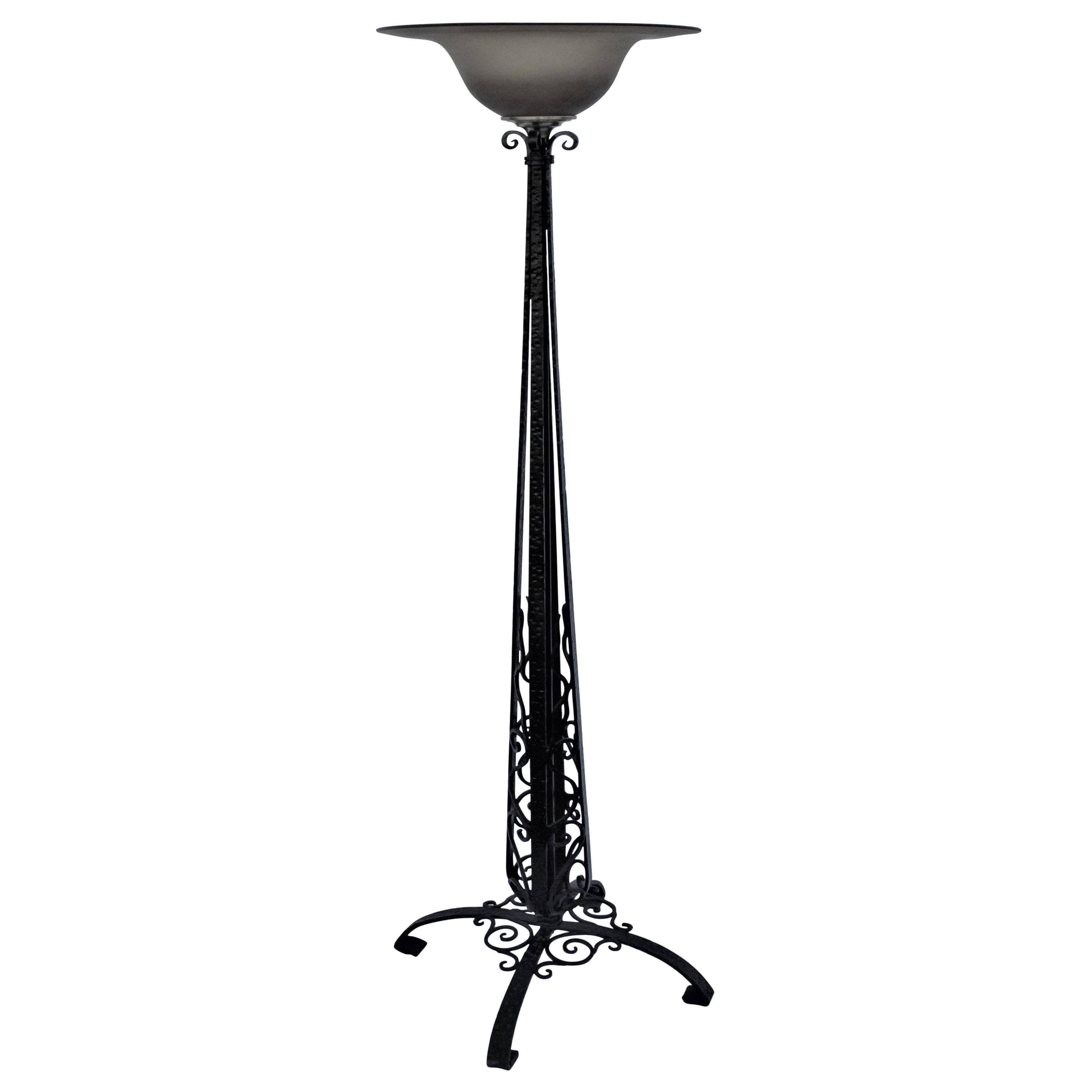 Art Deco/Modern Design Floor Lamp, Hand Forged, Amber Glass Shade Painted Black For Sale