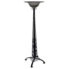 Art Deco/Modern Design Floor Lamp, Hand Forged, Amber Glass Shade Painted Black