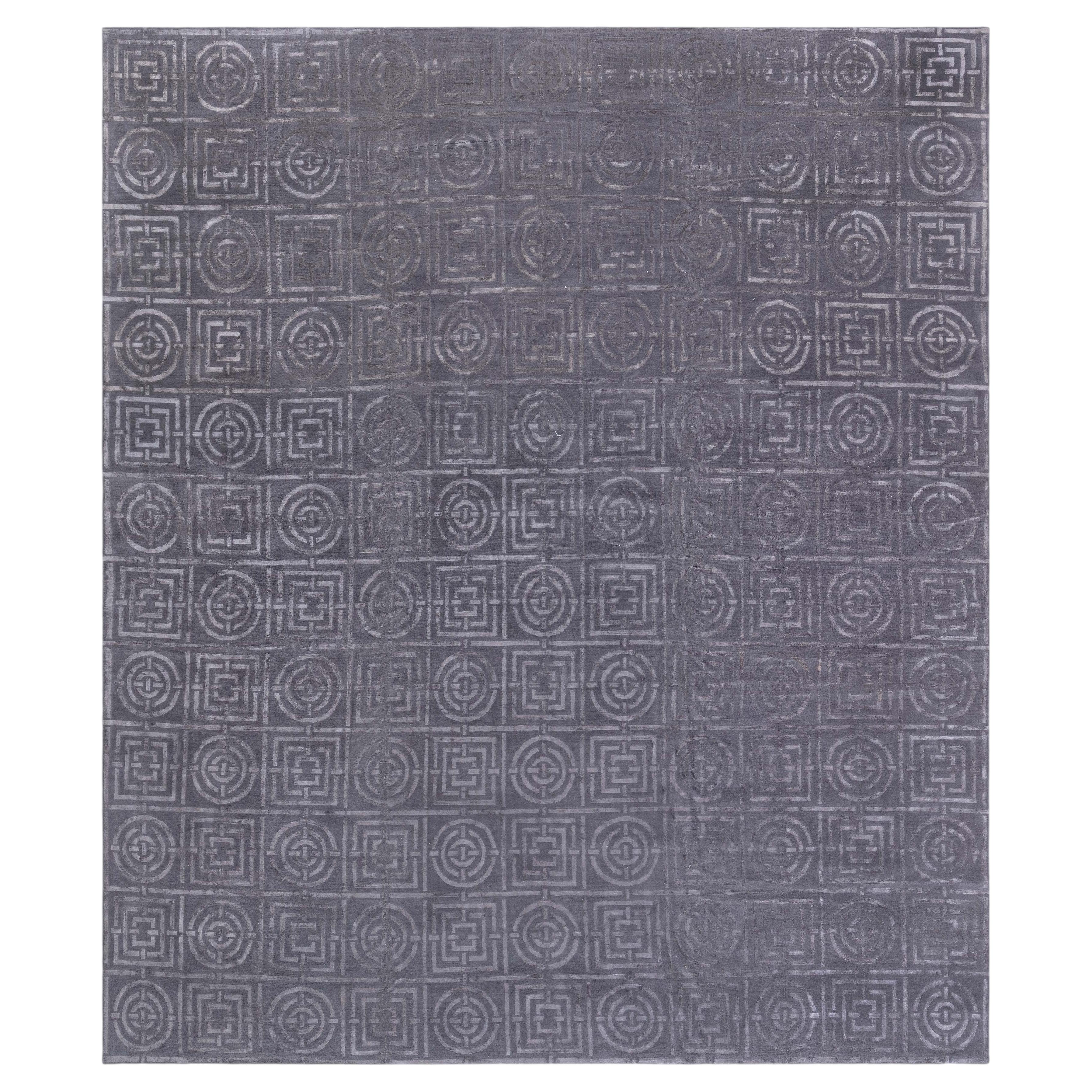 Art Deco Modern Geometric Slate Gray Silk Rug "Cirquare" by Doris Leslie Blau