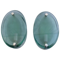 Art Deco Modern Glass Wall Sconces, Silver Plated Brass, After Fontana Arte'