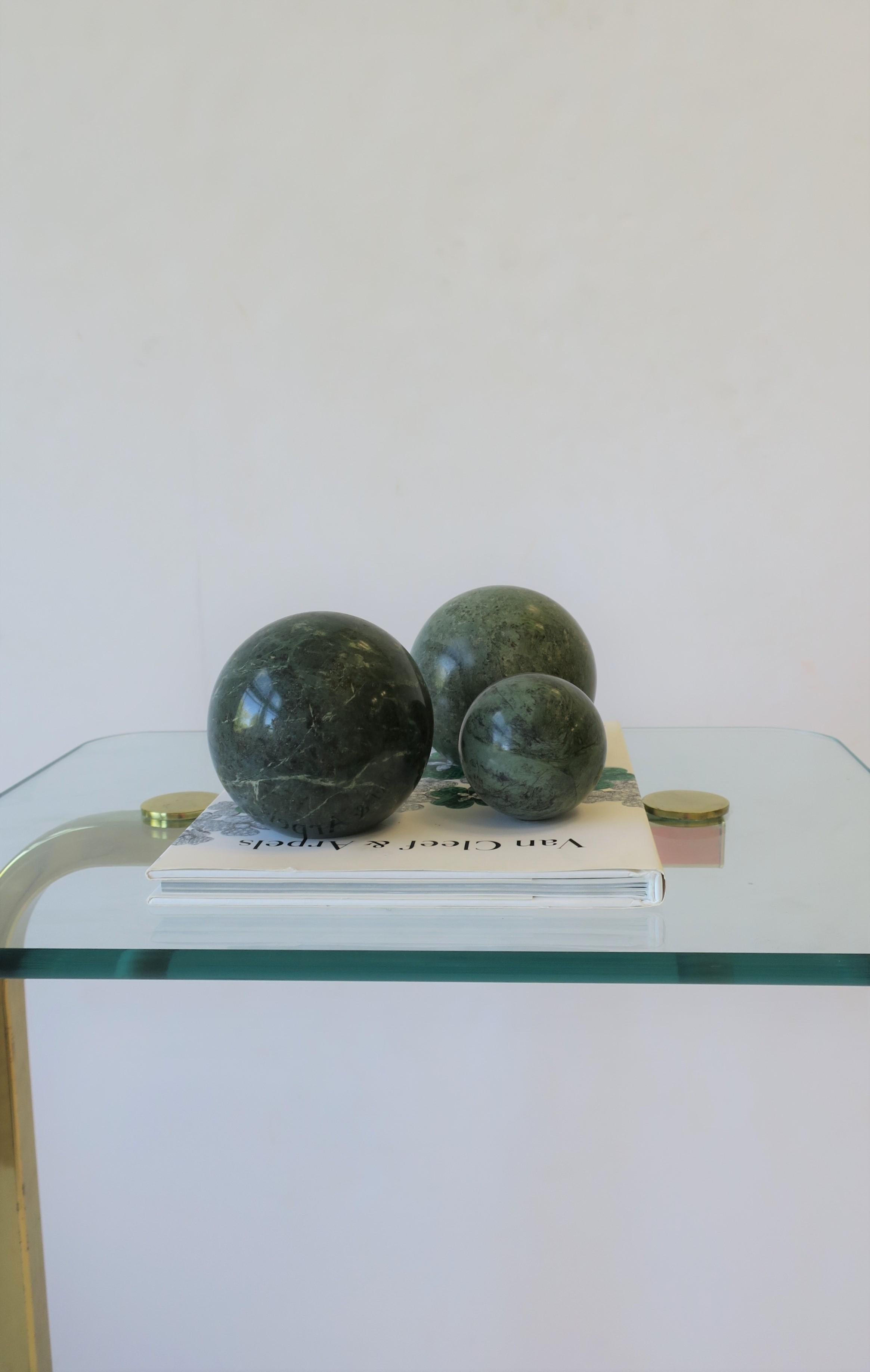 Italian Art Deco Modern Dark Green Marble Sphere's, circa 1970s, Set of 3 3