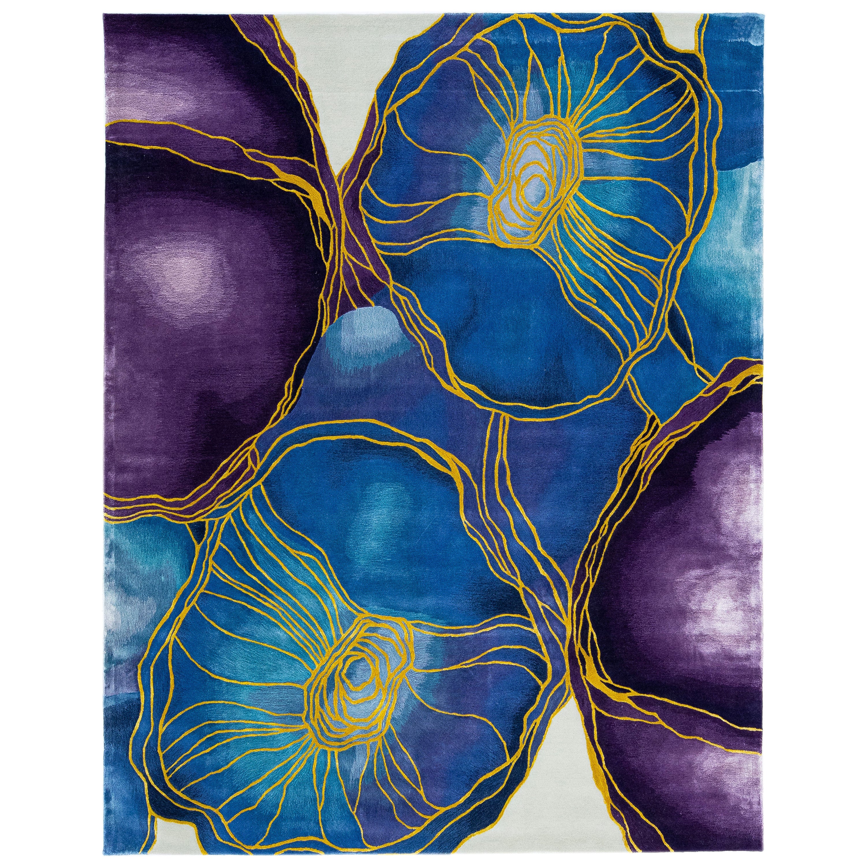 Art Deco Modern Hand-Tufted Wool Rug with Blue & Purple Abstract Motif For Sale