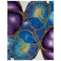 Moderner handgetufteter Art-Déco-Wollteppich mit abstraktem Motiv in Blau und Lila