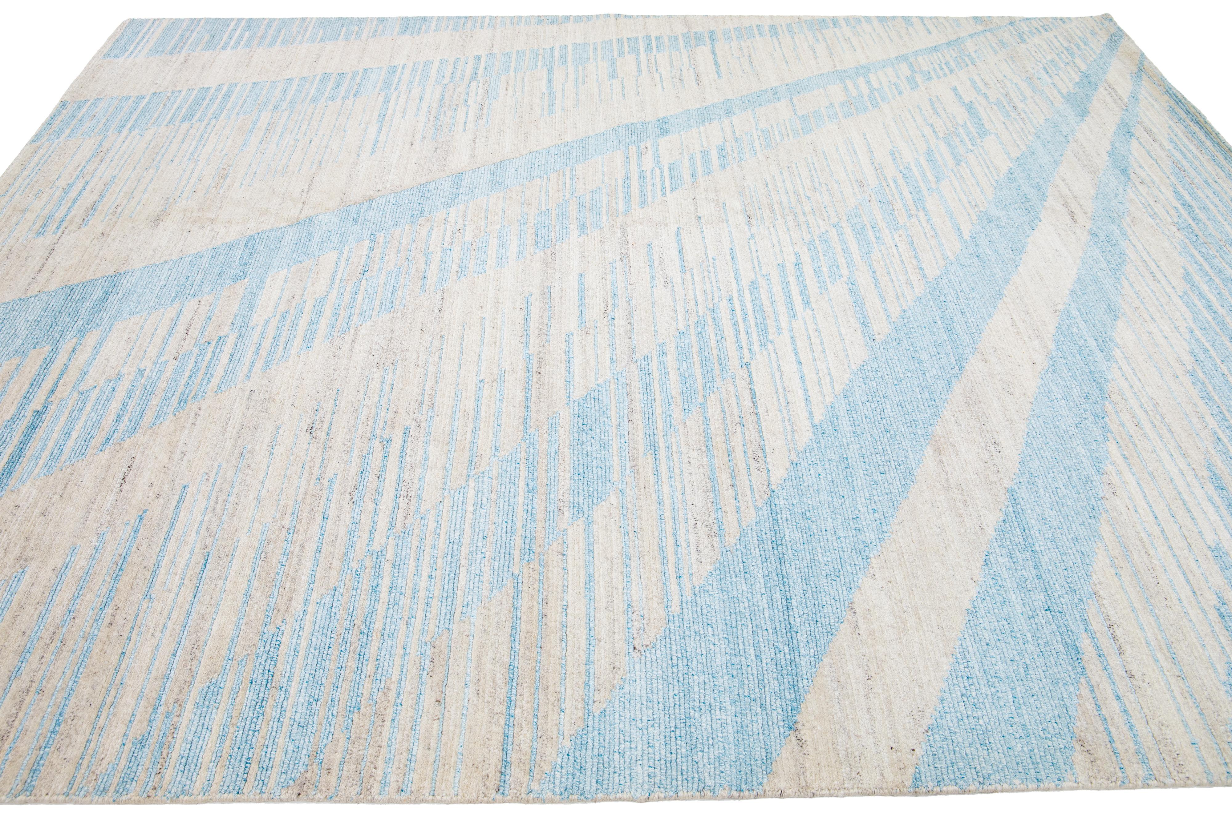 Hand-Knotted Art Deco Modern Handmade Wool Rug with Beige and Blue Design For Sale