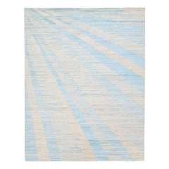 Moderner handgefertigter Art-Déco-Wollteppich mit beigem und blauem Design