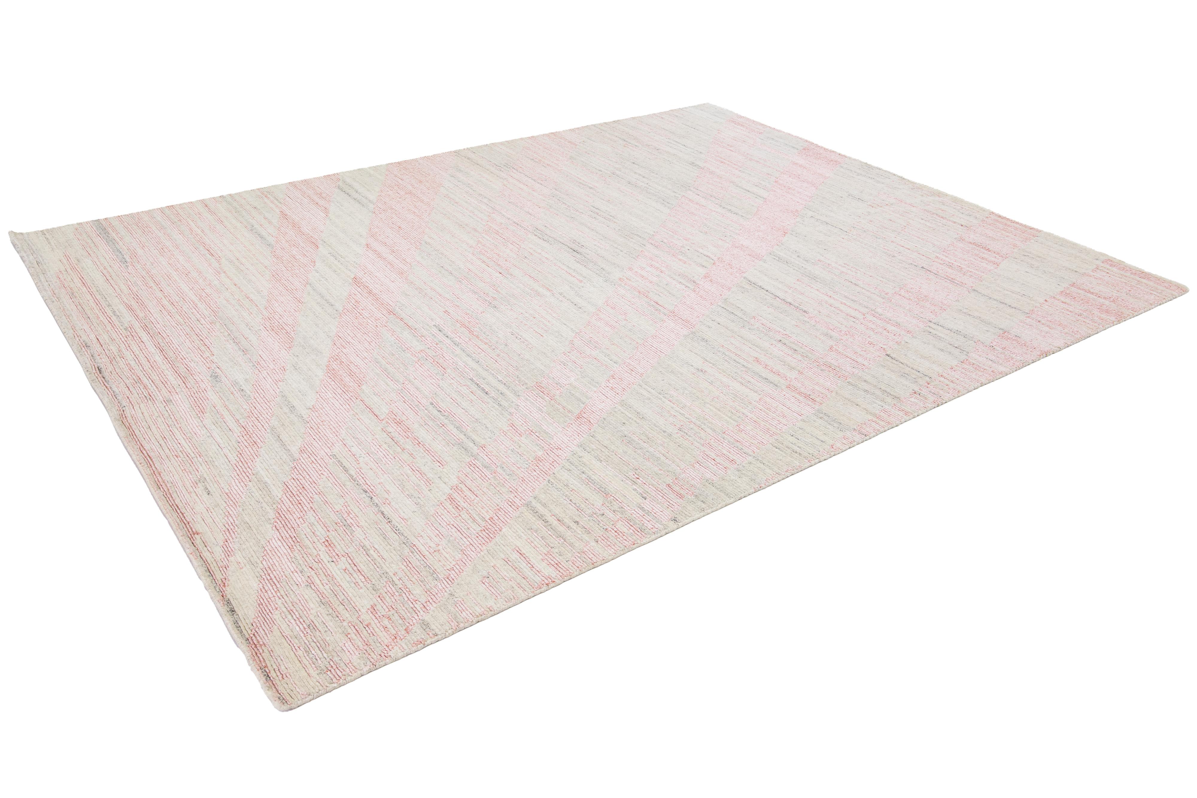Art Deco Modern Handmade Wool Rug with Beige and Pink Design For Sale 1
