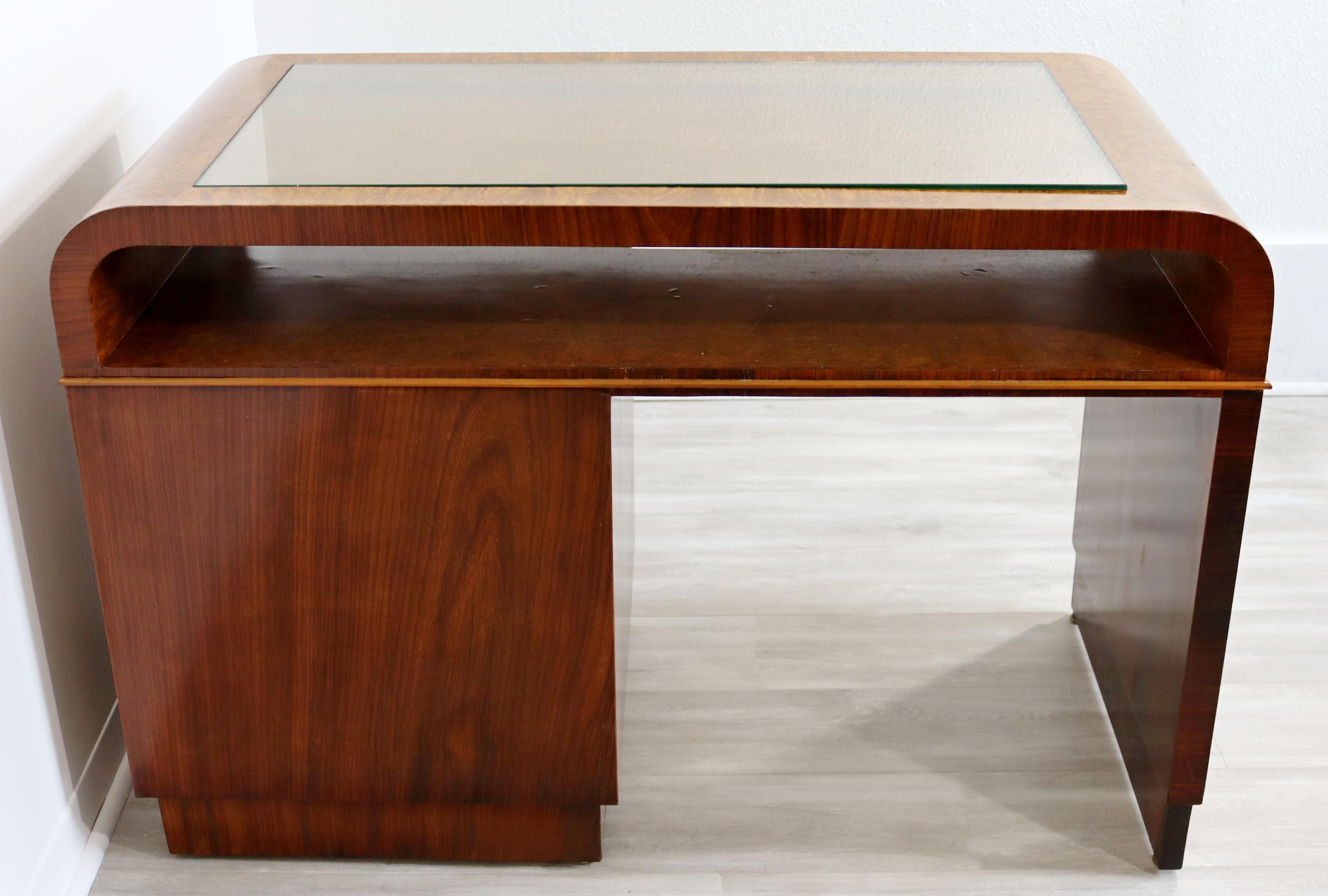 Art Deco Modern Italian Curved Rosewood & Elm Writing Desk Glass Topped, 1930s 4